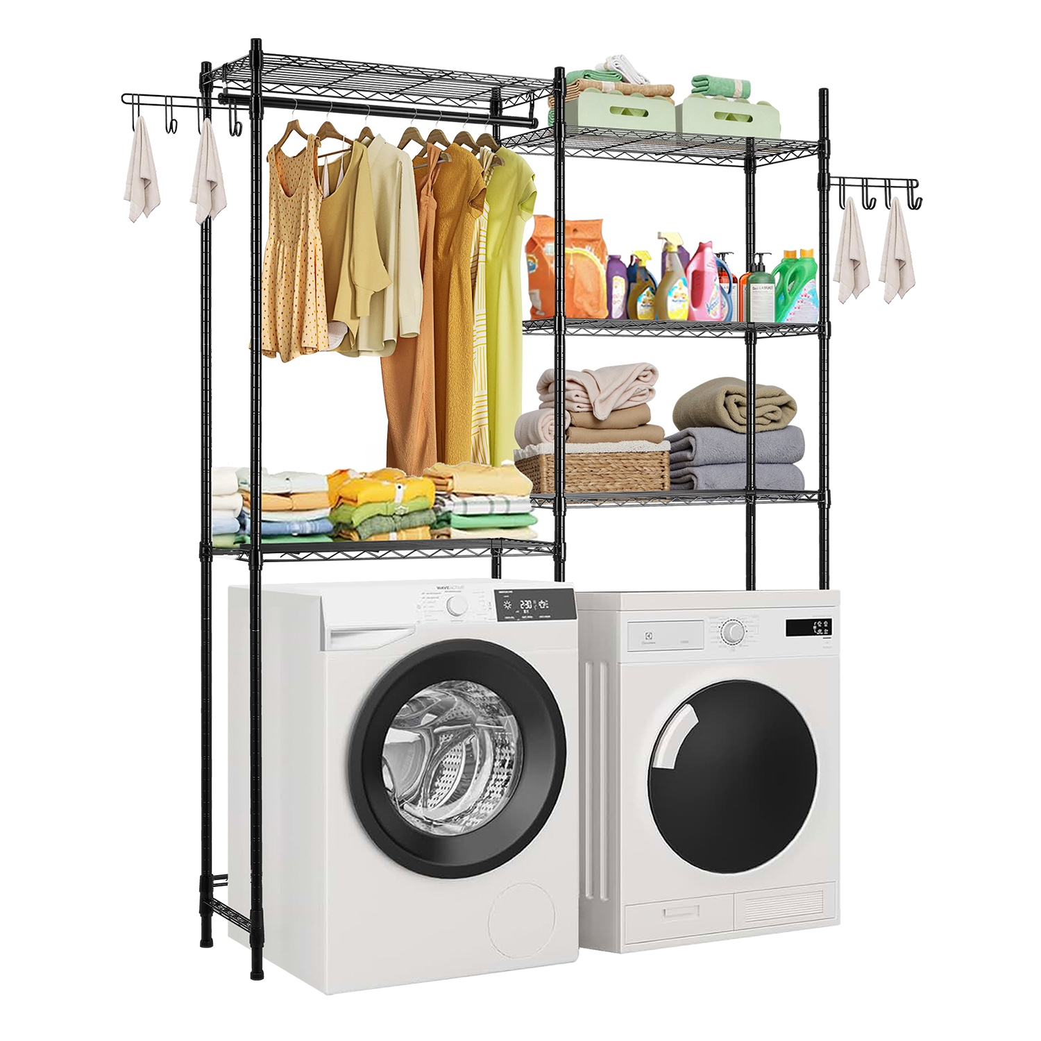 VEVOR 5 Tiers Over Washer and Dryer Storage Shelves, Laundry Room Drying Rack with Hanger Rod and Hooks, Two Rows Adjustable Washer Shelves Space