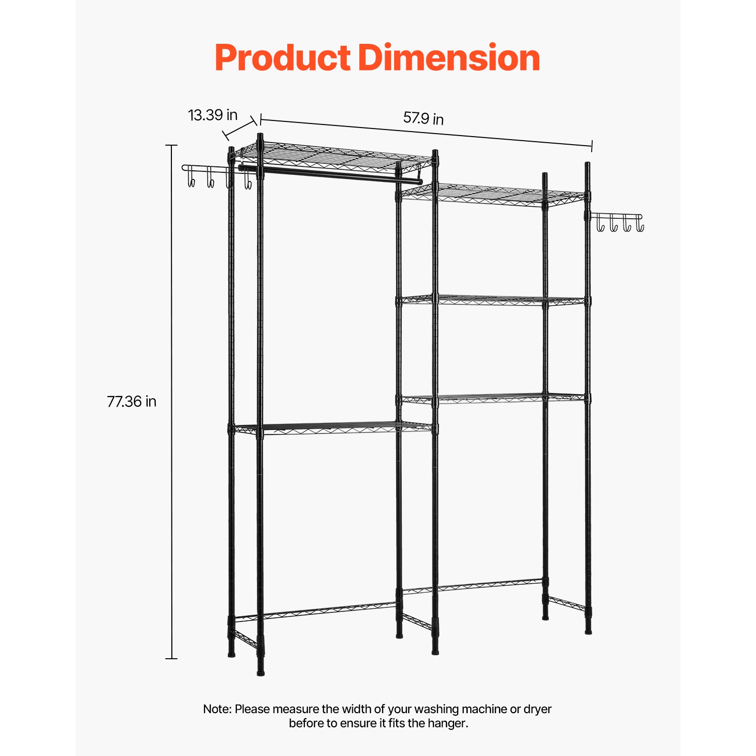 VEVOR 5 Tiers Over Washer and Dryer Storage Shelves, Laundry Room Drying Rack with Hanger Rod and Hooks, Two Rows Adjustable Washer Shelves Space