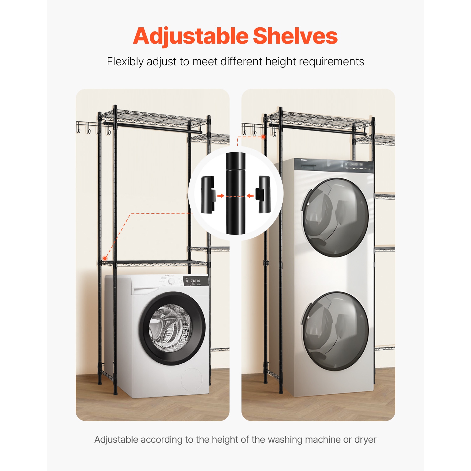 VEVOR 5 Tiers Over Washer and Dryer Storage Shelves, Laundry Room Drying Rack with Hanger Rod and Hooks, Two Rows Adjustable Washer Shelves Space