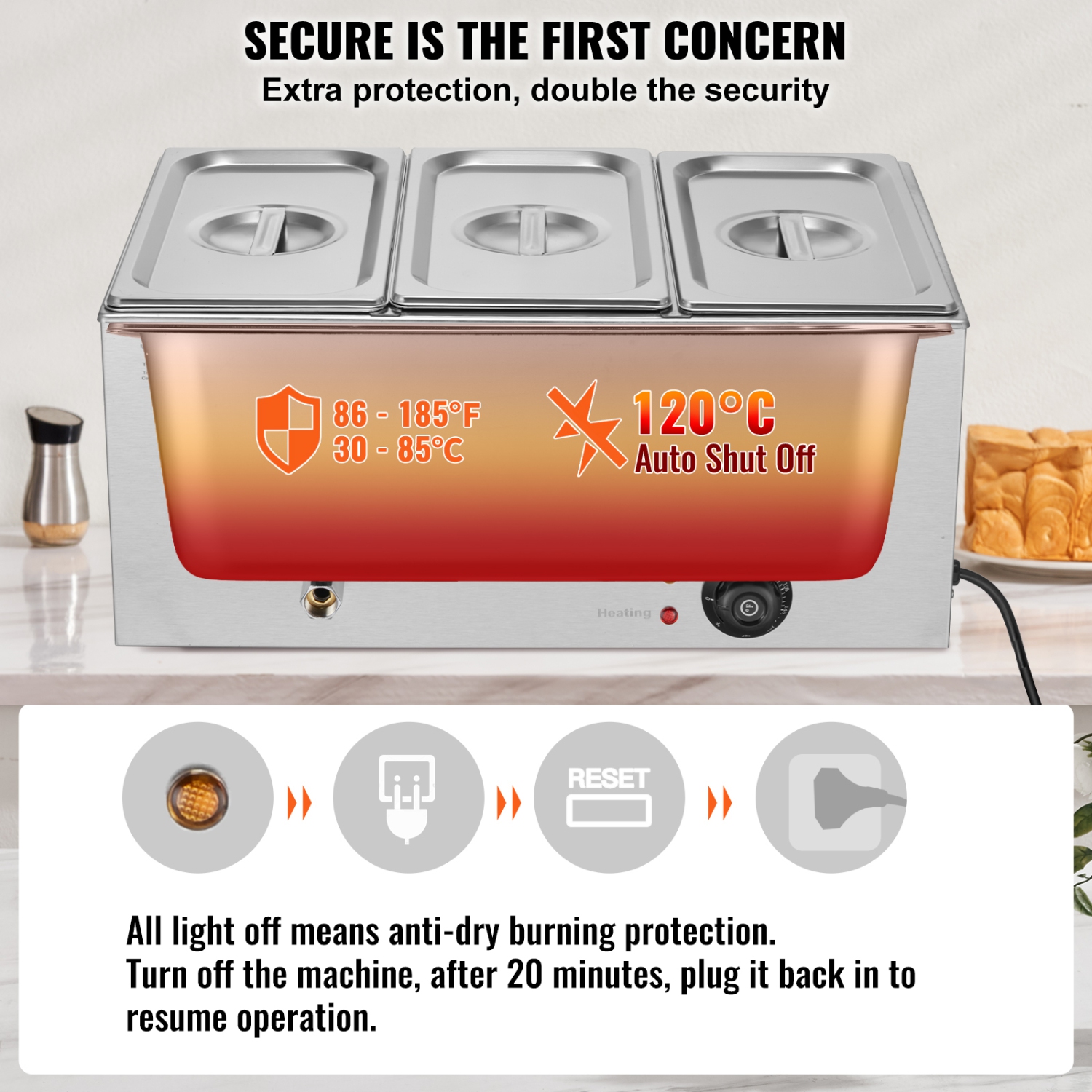 VEVOR 3-Pan Commercial Food Warmer, 17.4QT Electric Steam Table, 1200W Professional Countertop Stainless Steel Buffet Bain Marie with 86-185°F Temp