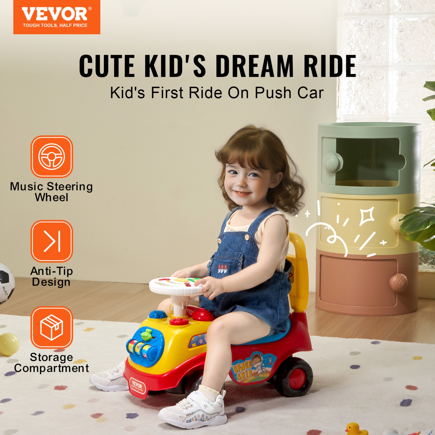 VEVOR Ages 1-3 Ride On Push Car for Toddlers, Ride Racer, Sit to Stand Toddler Ride On Toy, Classic Kids Ride On Car with Music Steering Wheel, Horn