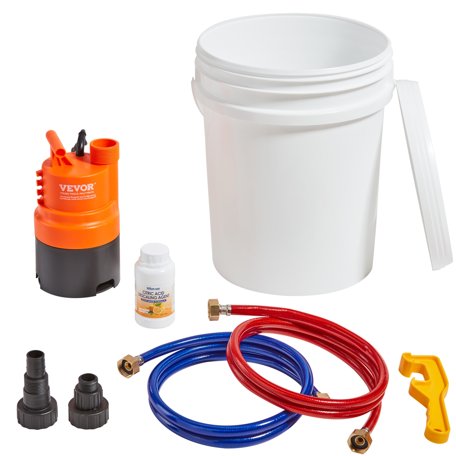 Trousse de rinçage pour chauffe-eau VEVOR 2 avec tuyaux, pompe efficace et poudre de détartrage de 5 gallons, clé et adaptateur pour installation