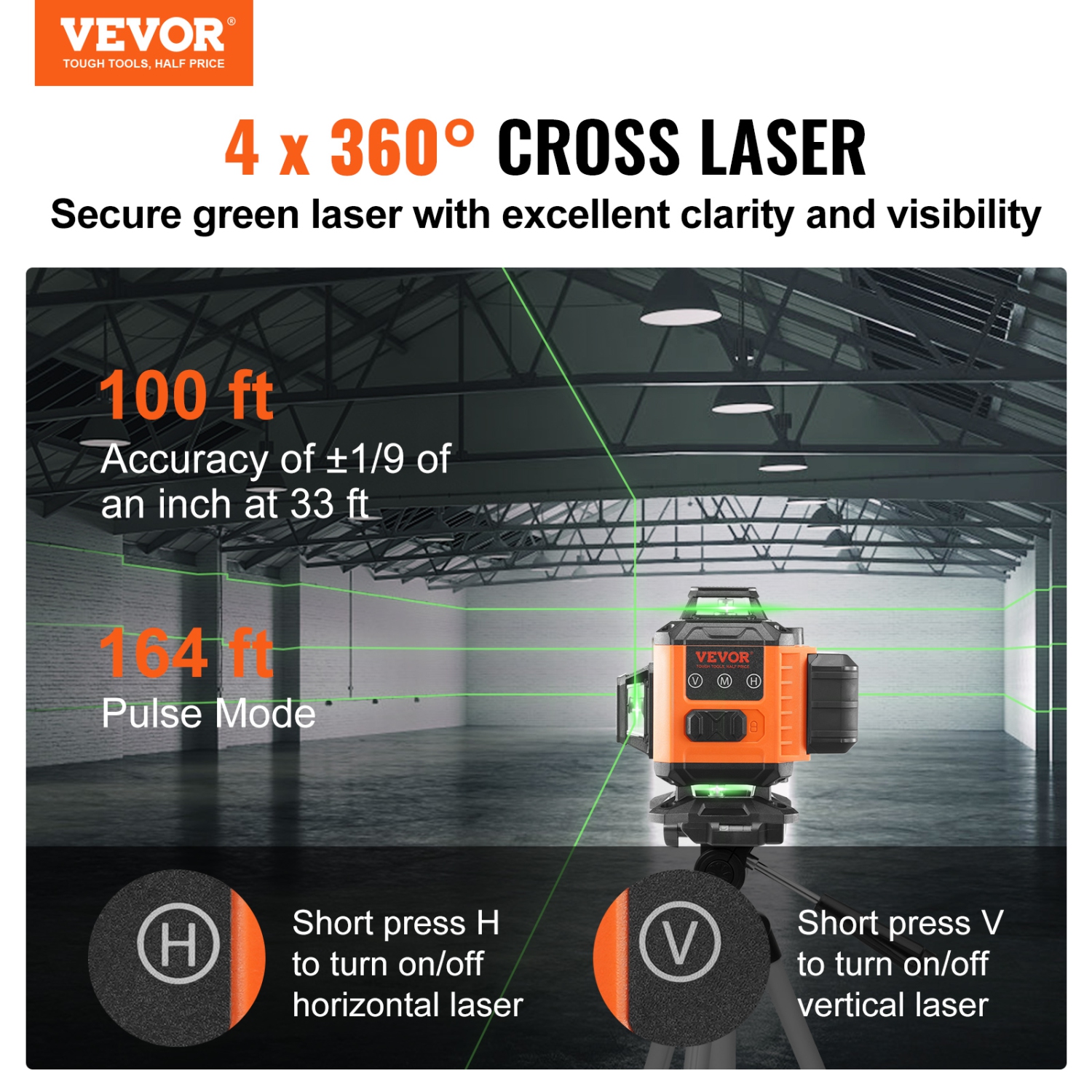 VEVOR 100ft Laser Level, Green 4 x 360° Cross 16 Line Laser, IP54 Waterproof Remote Control Manual Self-leveling Mode & 5h Continuous Working Time