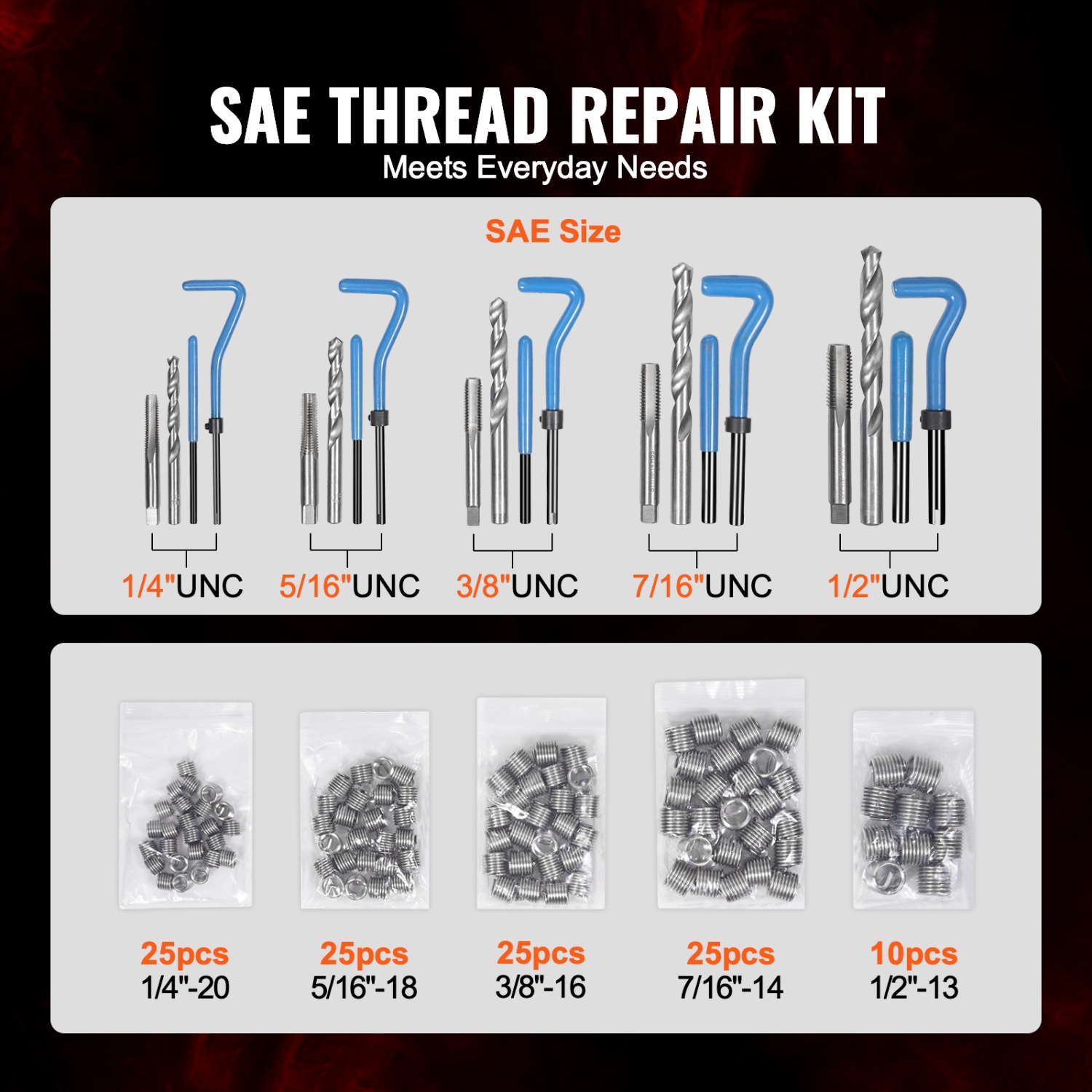 VEVOR 131-Piece Helicoil Thread Repair Kit, SAE HSS Drill, 1/4" 5/16" 3/8" 7/16" 1/2"UNC Rethreading Tool Kit with Drill Bits Thread Inserts Taps
