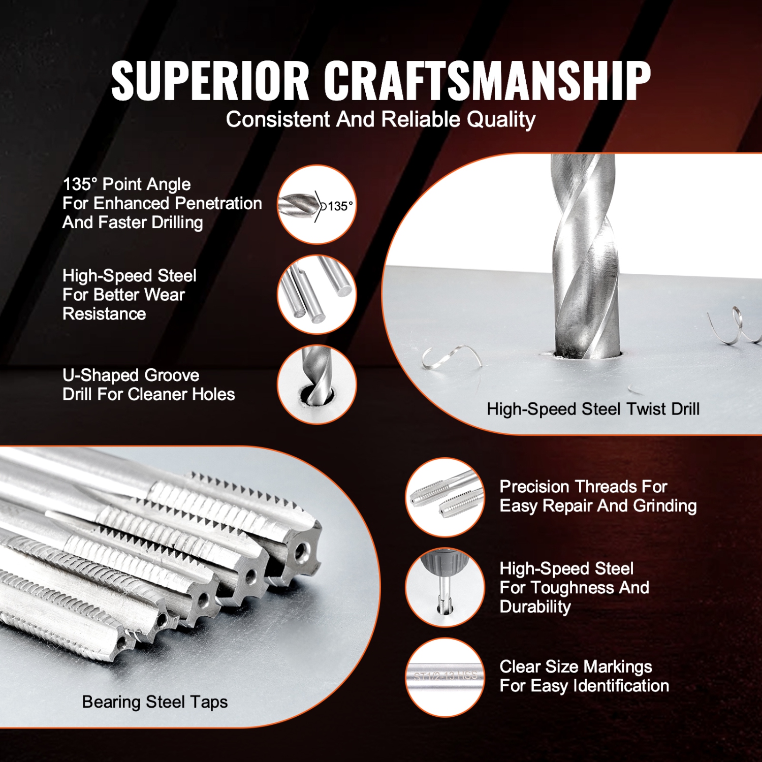 VEVOR 131-Piece Helicoil Thread Repair Kit, SAE HSS Drill, 1/4" 5/16" 3/8" 7/16" 1/2"UNC Rethreading Tool Kit with Drill Bits Thread Inserts Taps