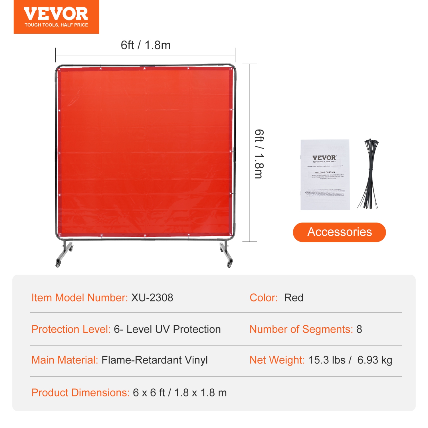 VEVOR 6' x 6' Welding Screen with Frame, Flame-Resistant Vinyl Welding Protection Screen on 4 Swivel Wheels, Moveable & Professional for