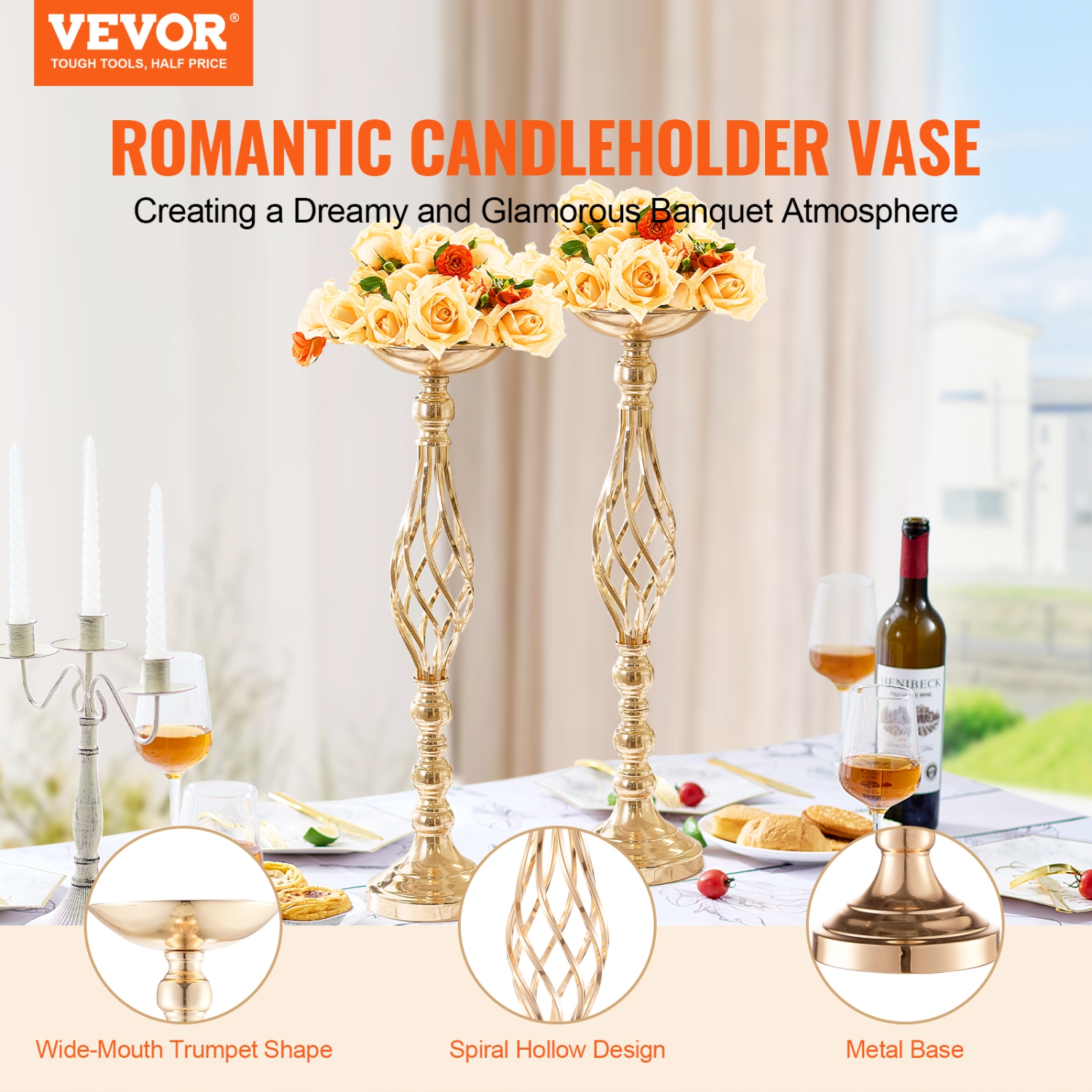 Vase de mariage 20PCS 58&nbsp;cm/22,83", centre de table en métal, support de présentation floral doré pour tables Dîner de mariage, cérémonie