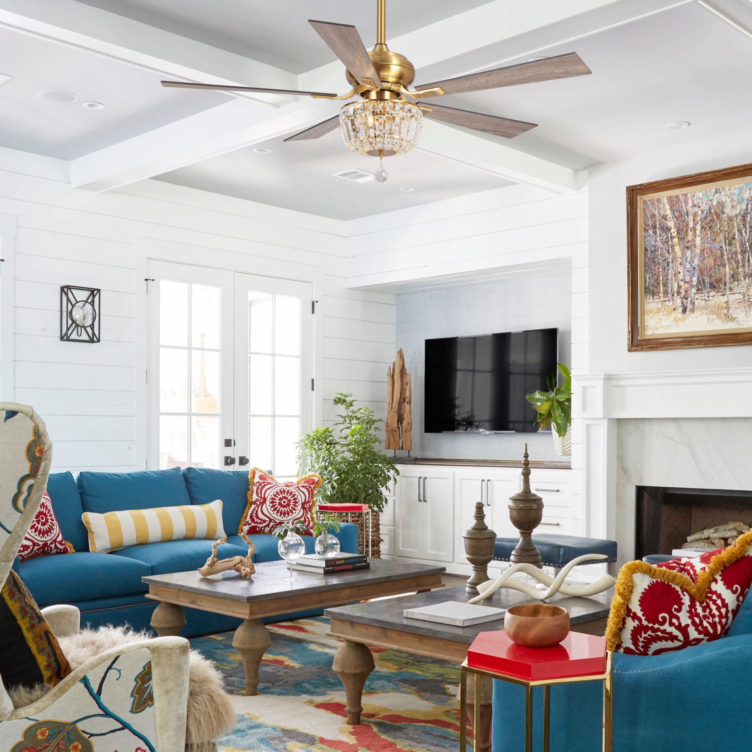 Ventilateur de plafond moderne en cristal doré de 52&nbsp;po Uncle de Parrot avec lampe et télécommande