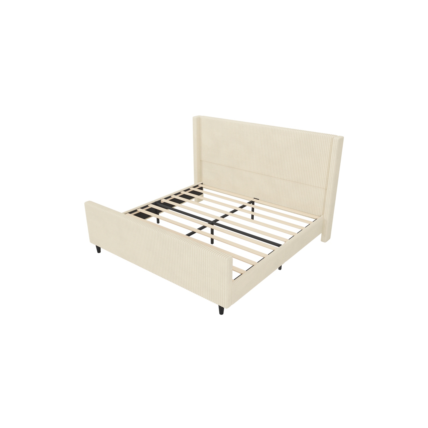 Kepooman High Headboard Corduroy Upholstered Bed Frame with Vertical Stripe Wingback and High Footboard in Cream - King Size