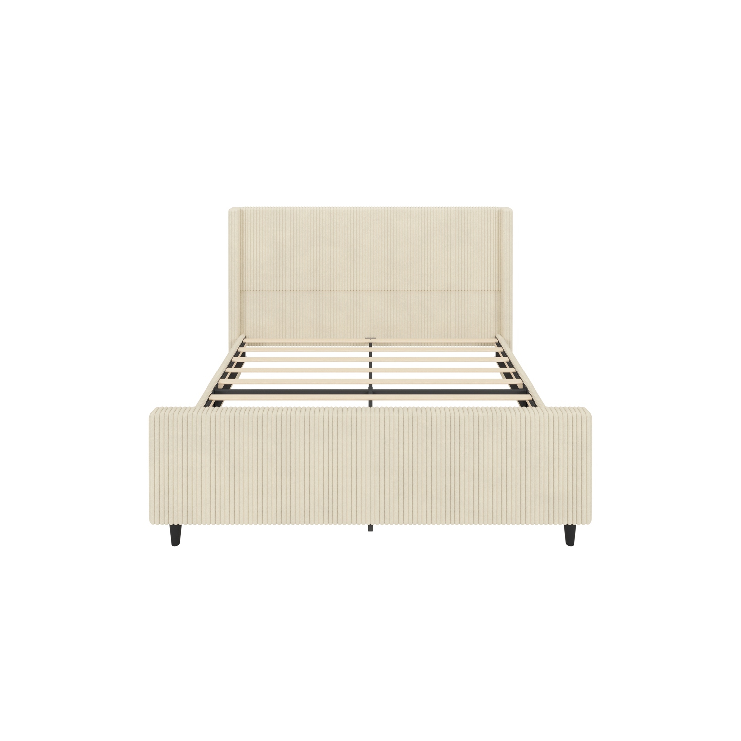 Kepooman High Headboard Corduroy Upholstered Bed Frame with Vertical Stripe Wingback and High Footboard in Cream - King Size