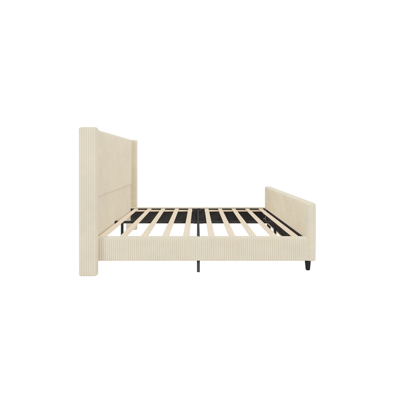Kepooman High Headboard Corduroy Upholstered Bed Frame with Vertical Stripe Wingback and High Footboard in Cream - King Size