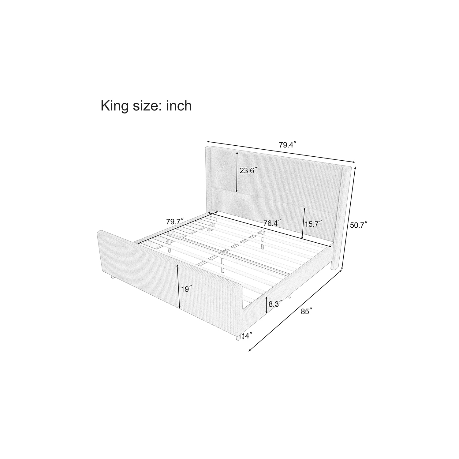 Kepooman High Headboard Corduroy Upholstered Bed Frame with Vertical Stripe Wingback and High Footboard in Cream - King Size