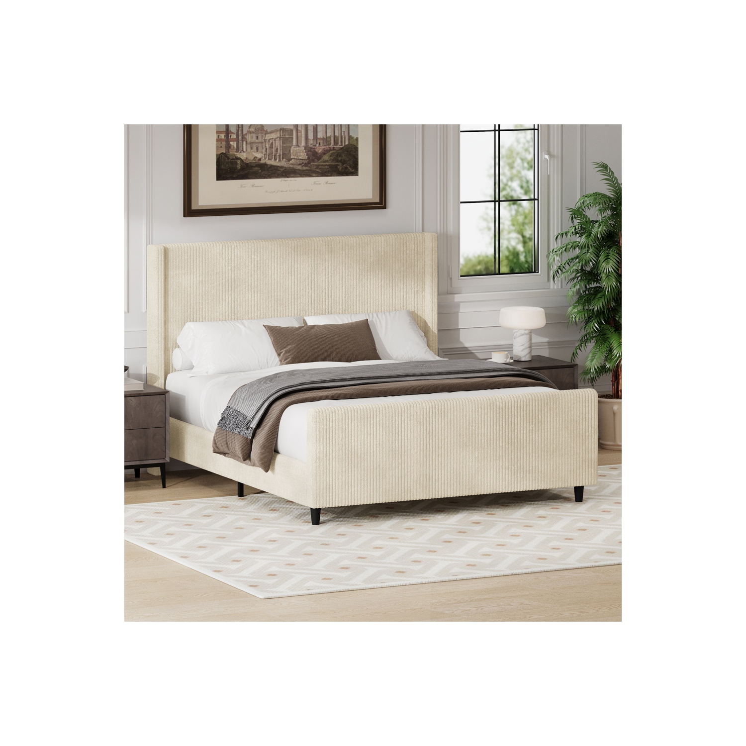 Kepooman High Headboard Corduroy Upholstered Bed Frame with Vertical Stripe Wingback and High Footboard in Cream - King Size
