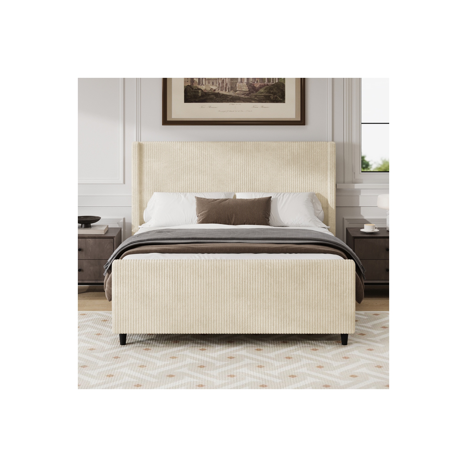 Kepooman High Headboard Corduroy Upholstered Bed Frame with Vertical Stripe Wingback and High Footboard in Cream - King Size