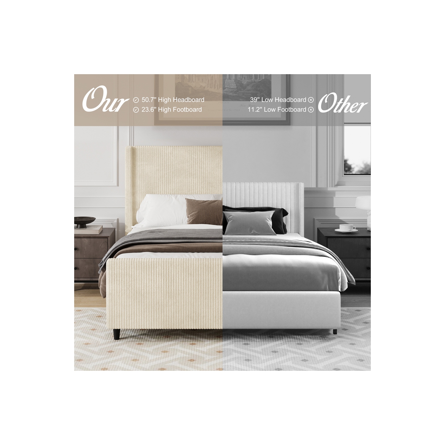 Kepooman High Headboard Corduroy Upholstered Bed Frame with Vertical Stripe Wingback and High Footboard in Cream - King Size