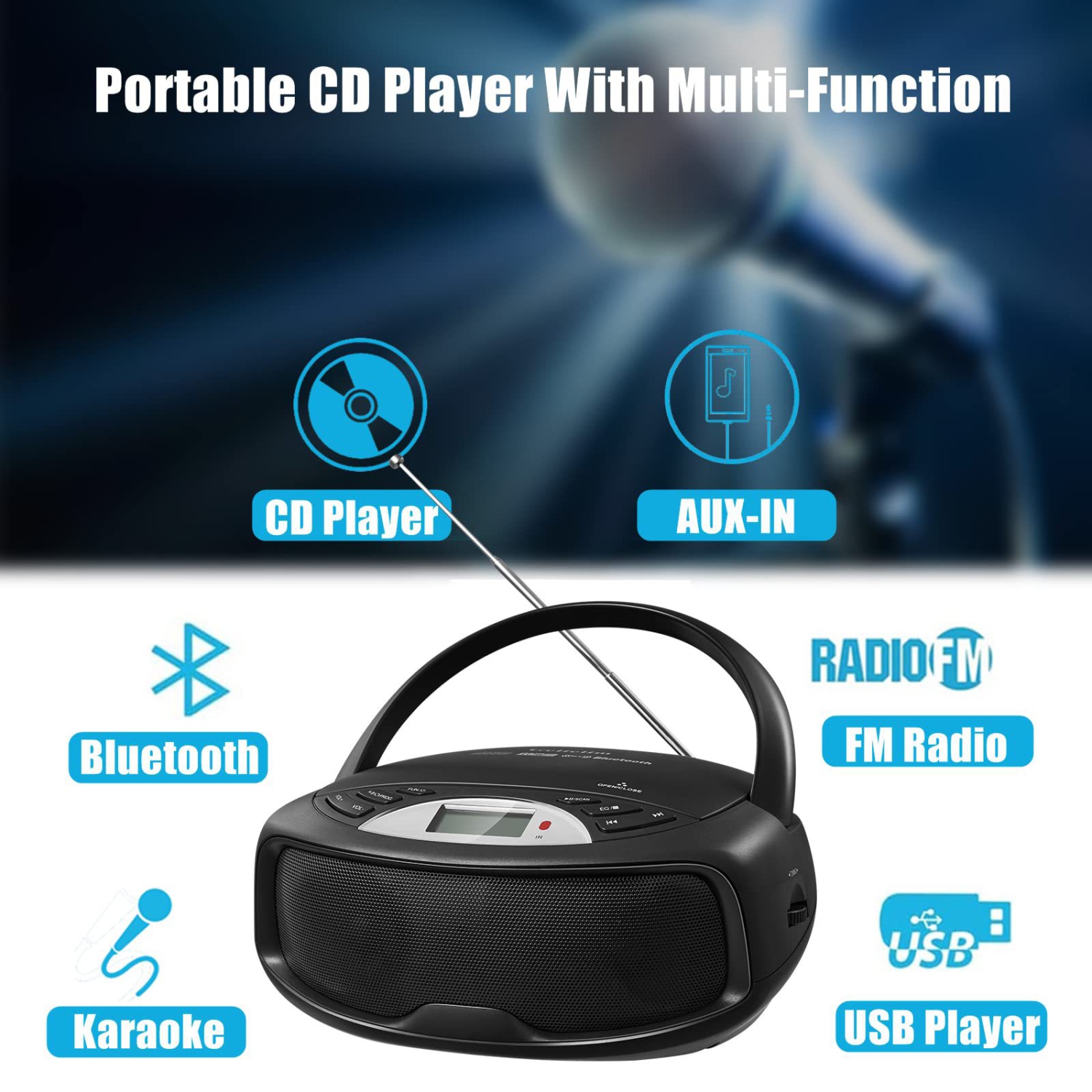 Portable CD Player Bluetooth Boombox, FM Radio with Remote, Karaoke, Playback CD/MP3, Front Aux-in Port, Headphone Jack, Tiny Body, LCD Display,