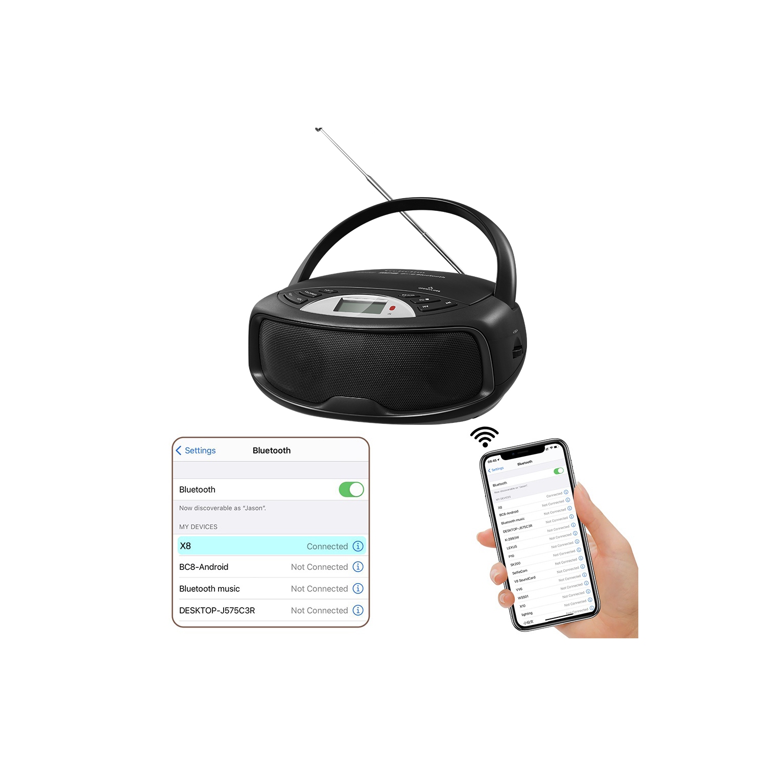 Portable CD Player Bluetooth Boombox, FM Radio with Remote, Karaoke, Playback CD/MP3, Front Aux-in Port, Headphone Jack, Tiny Body, LCD Display,