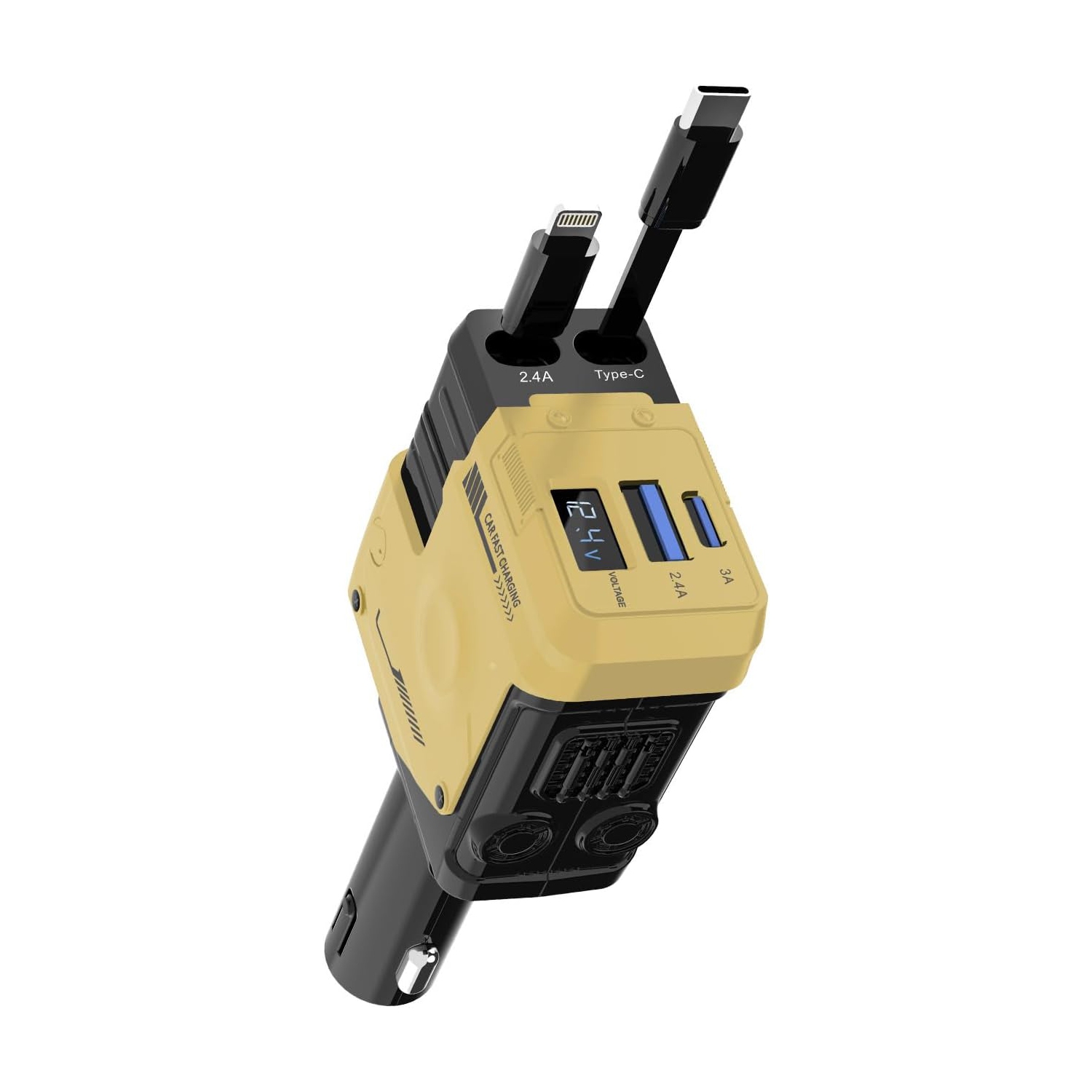 Mecha retractable cable car charger 120W super fast charging one to three car cigarette lighter flash charging 66W fast charging 2 retractable cables