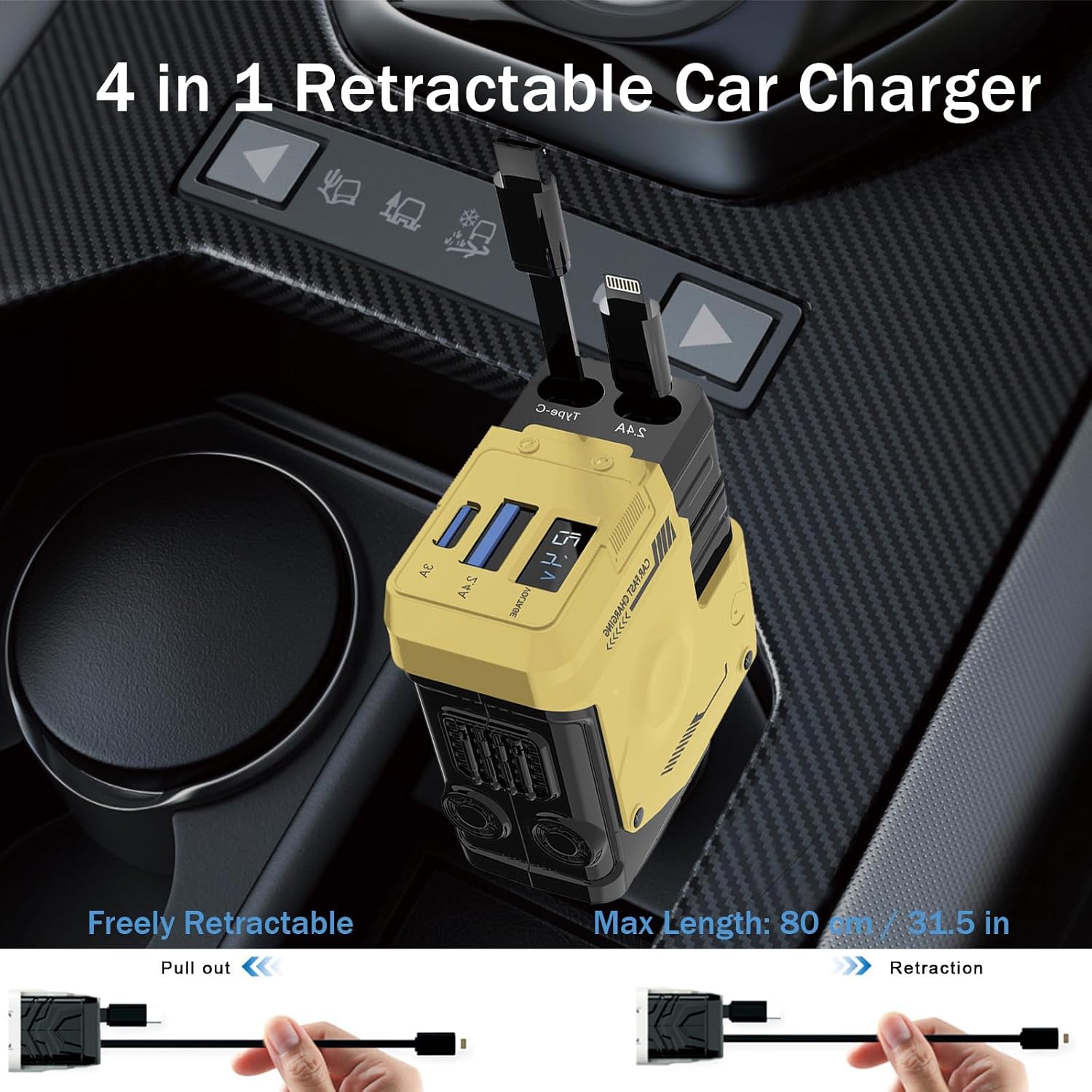 Mecha retractable cable car charger 120W super fast charging one to three car cigarette lighter flash charging 66W fast charging 2 retractable cables