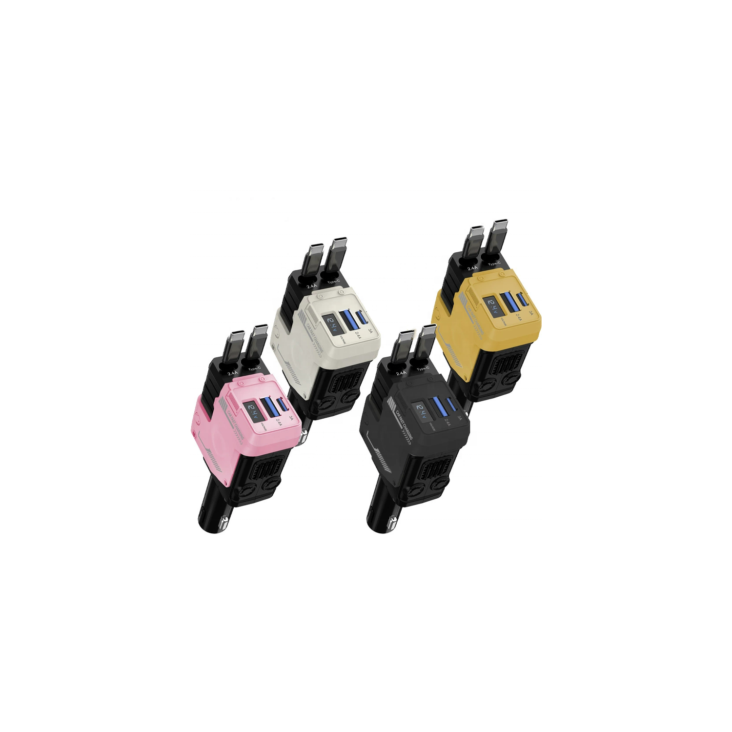 Mecha retractable cable car charger 120W super fast charging one to three car cigarette lighter flash charging 66W fast charging 2 retractable cables