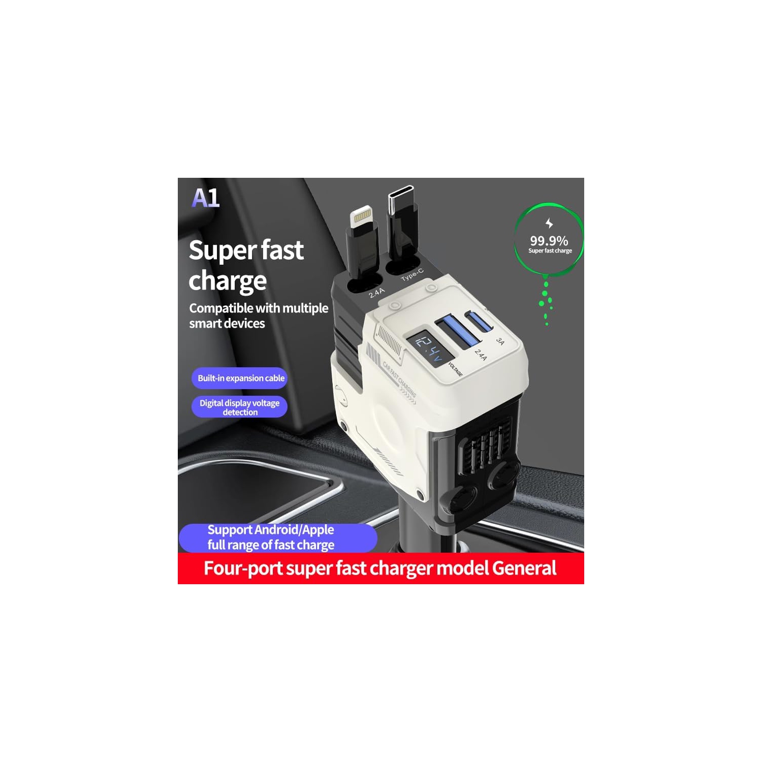 Mecha retractable cable car charger 120W super fast charging one to three car cigarette lighter flash charging 66W fast charging 2 retractable cables