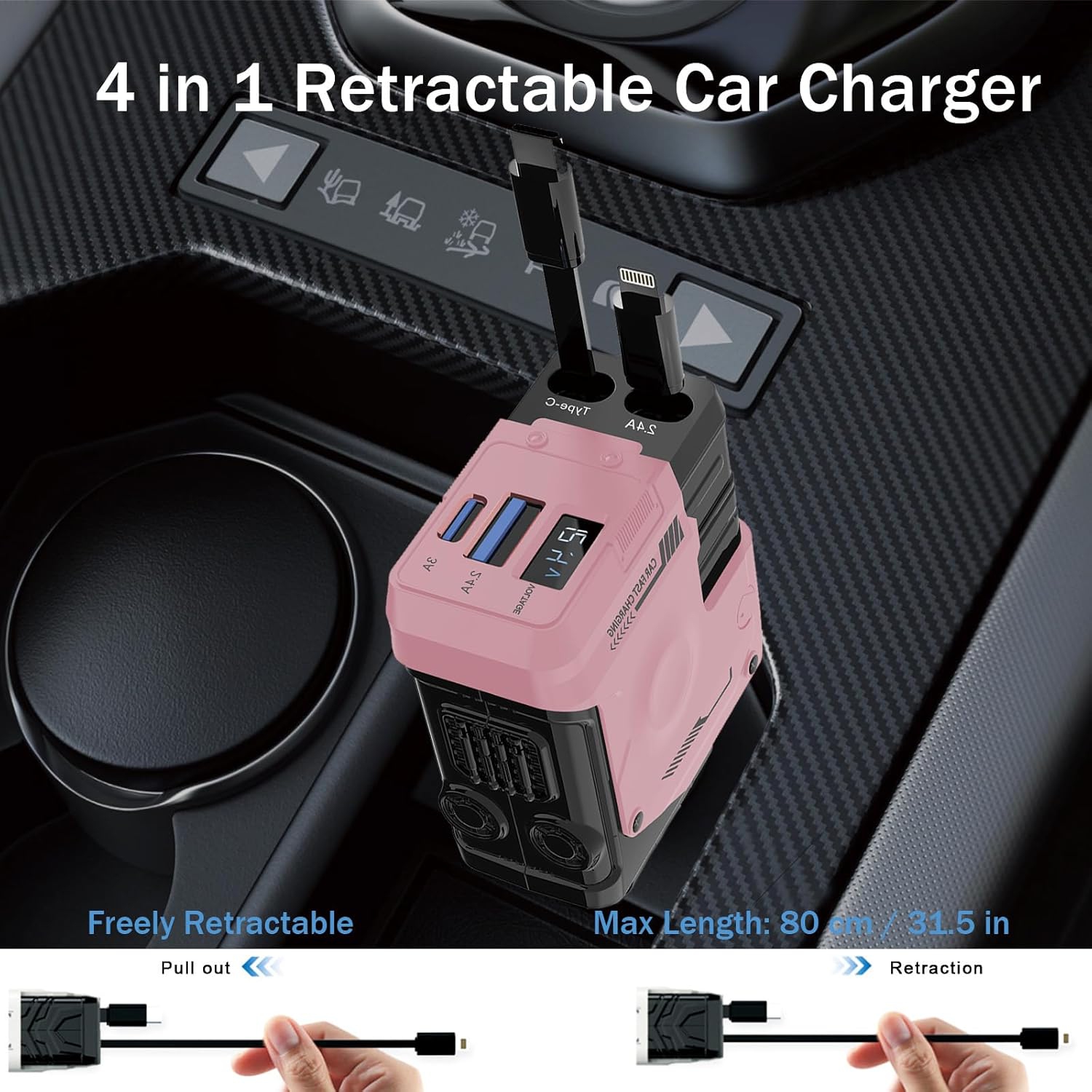 Mecha retractable cable car charger 120W super fast charging one to three car cigarette lighter flash charging 66W fast charging 2 retractable cables