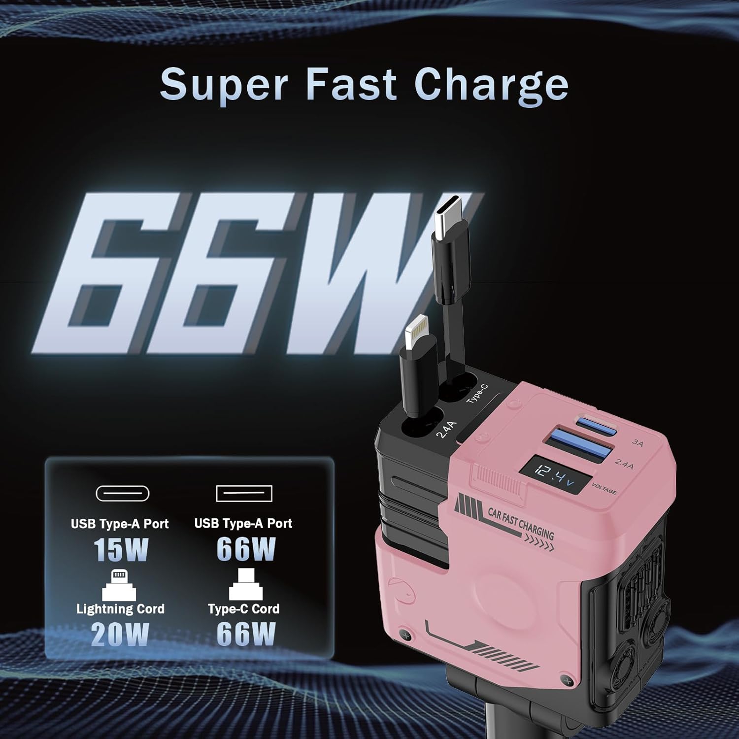 Mecha retractable cable car charger 120W super fast charging one to three car cigarette lighter flash charging 66W fast charging 2 retractable cables