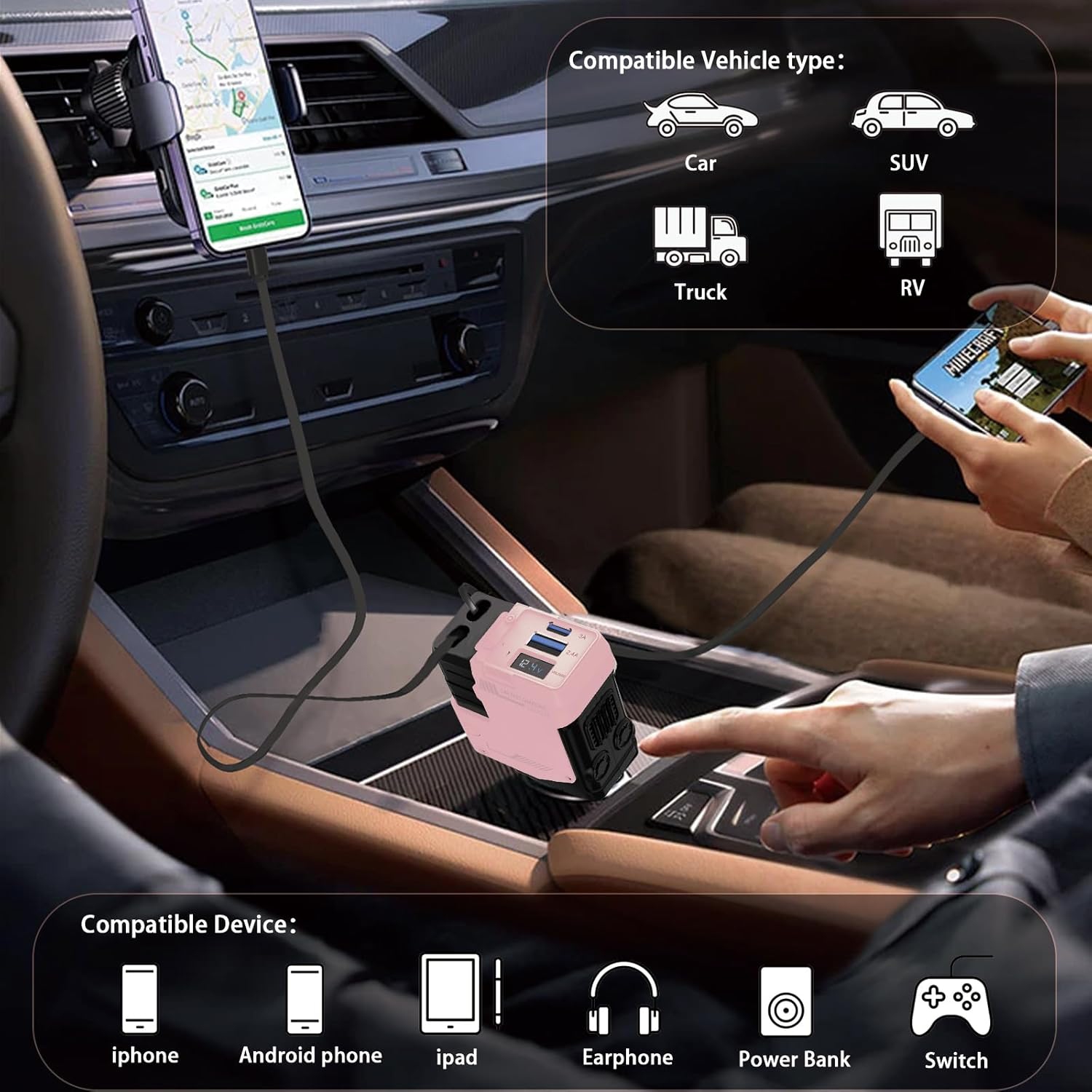 Mecha retractable cable car charger 120W super fast charging one to three car cigarette lighter flash charging 66W fast charging 2 retractable cables