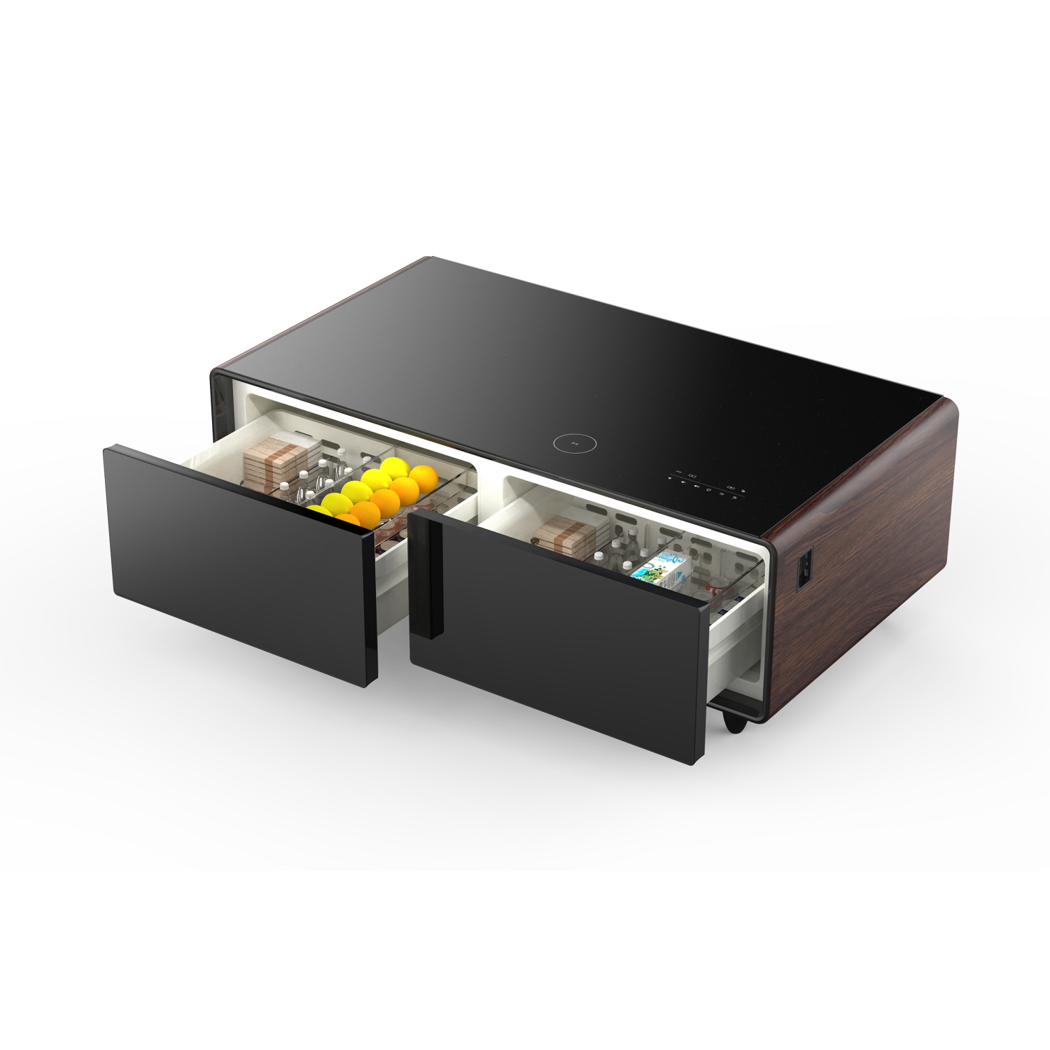 Table basse intelligente 51 po Tavolo de Forno Evoluto avec côtés en bois â Zones de refroidissement doubles, tapis de chargement sans fil et