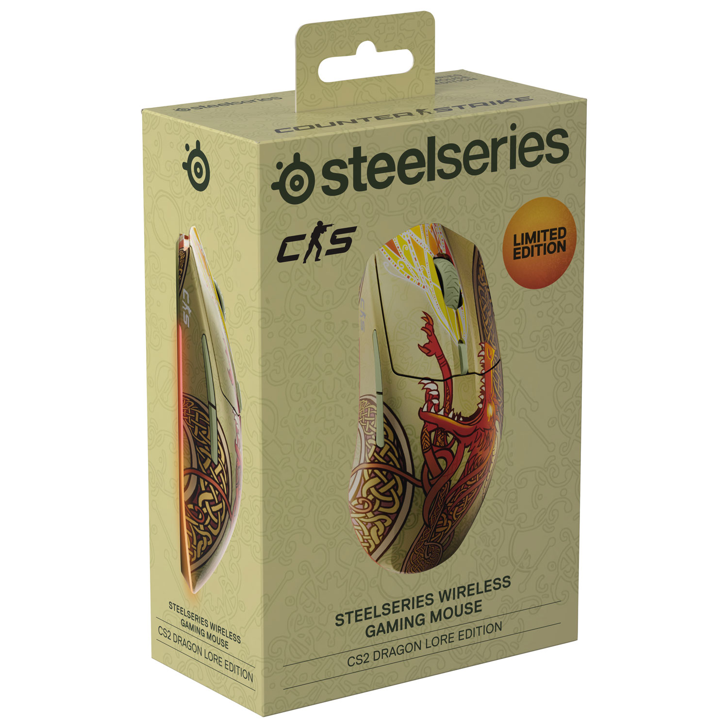 Souris de jeu optique Bluetooth 18 000 ppp édition CS2 Dragon Lore de SteelSeries - Beige/Rouge