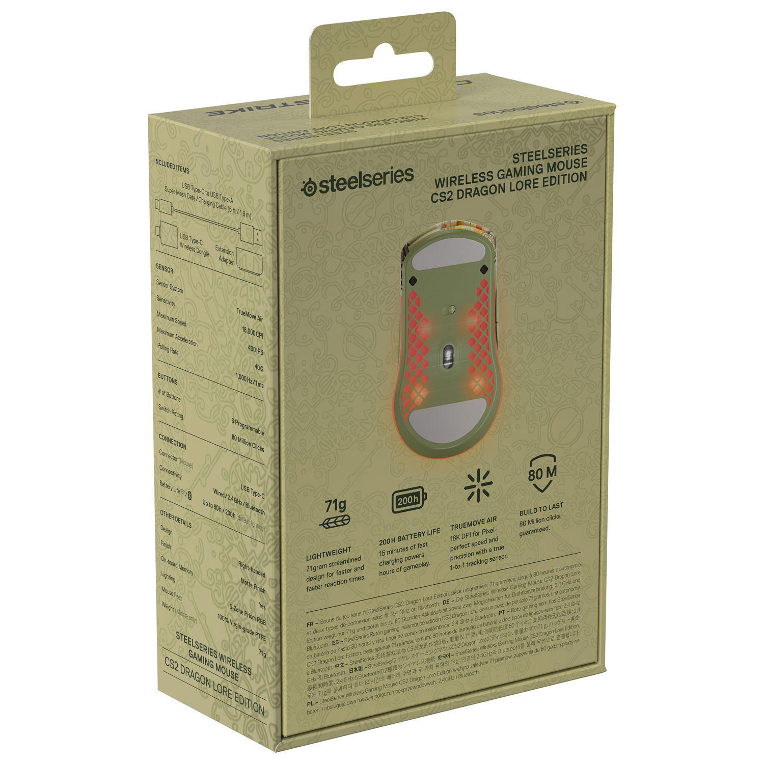 Souris de jeu optique Bluetooth 18 000 ppp édition CS2 Dragon Lore de SteelSeries - Beige/Rouge