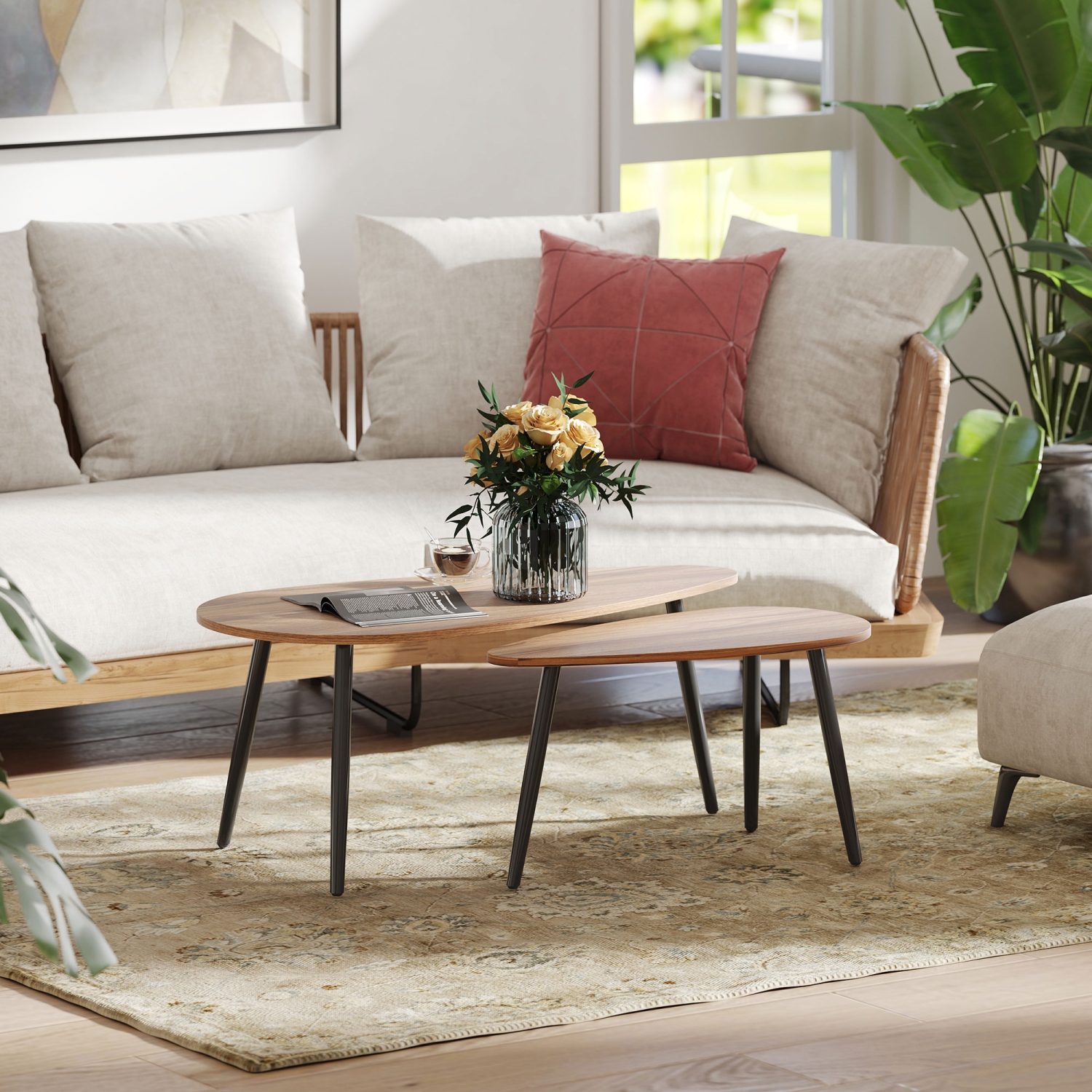 HOMCOM Nesting Coffee Tables Set of 2, Triangle End Tables with Steel Legs, Industrial Side Tables for Living Room, Bedroom, Brown