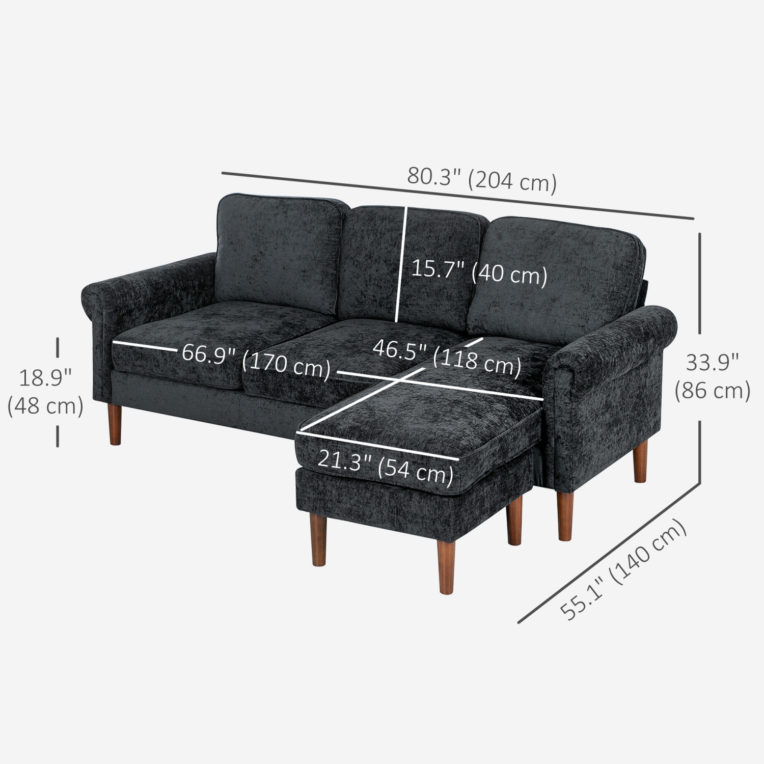 HOMCOM – Canapé modulaire avec chaise longue ajustable, canapé à revêtement en chenille 3 places avec pattes en bois, canapé en coin moderne en L