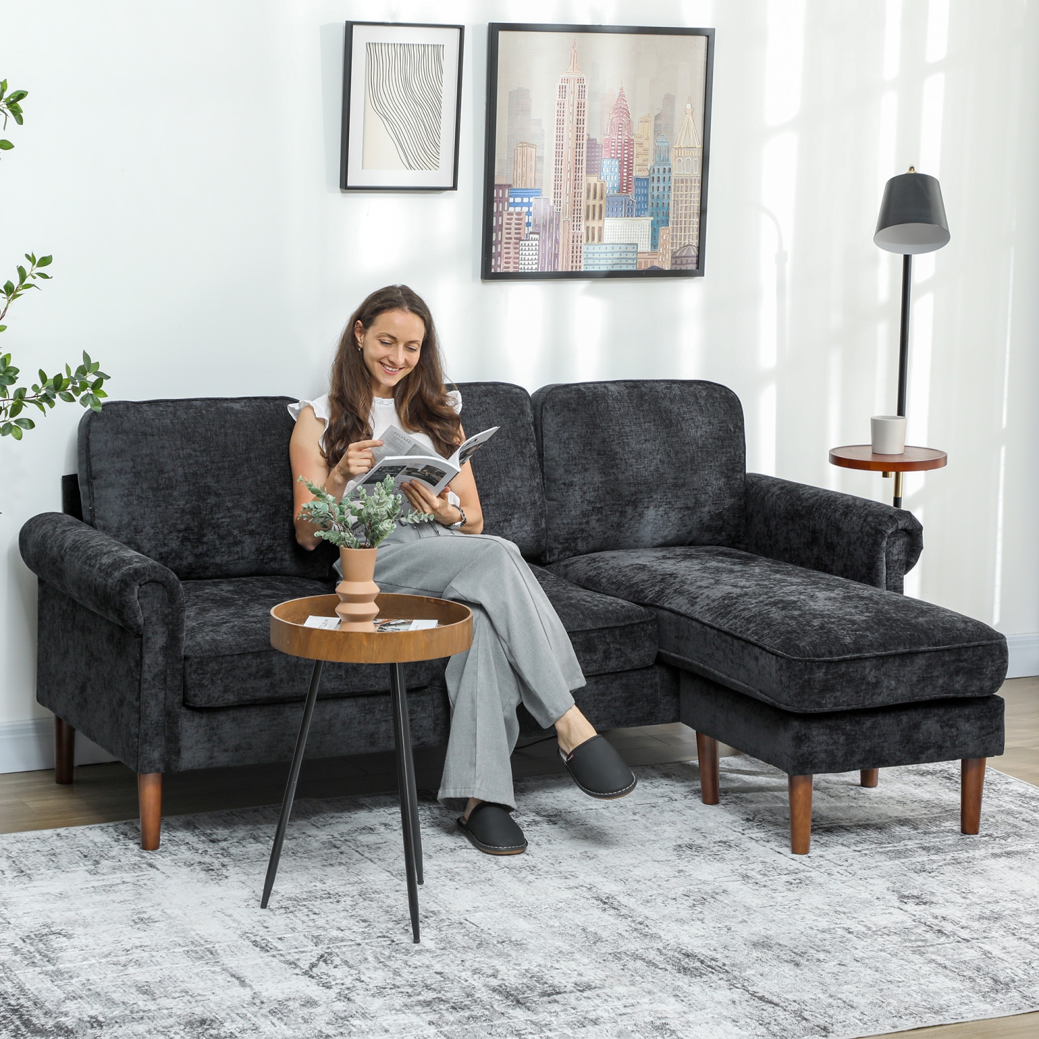 HOMCOM – Canapé modulaire avec chaise longue ajustable, canapé à revêtement en chenille 3 places avec pattes en bois, canapé en coin moderne en L