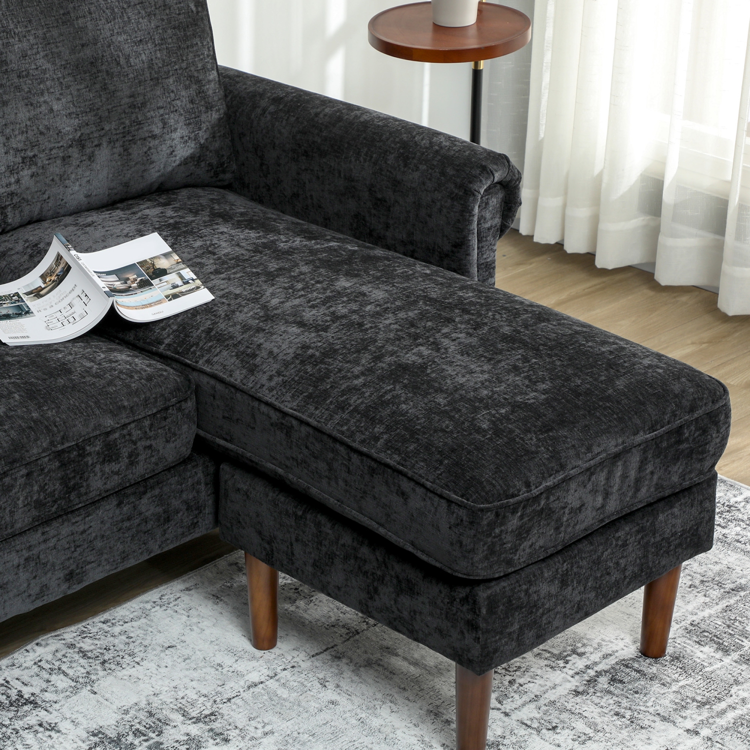 HOMCOM – Canapé modulaire avec chaise longue ajustable, canapé à revêtement en chenille 3 places avec pattes en bois, canapé en coin moderne en L