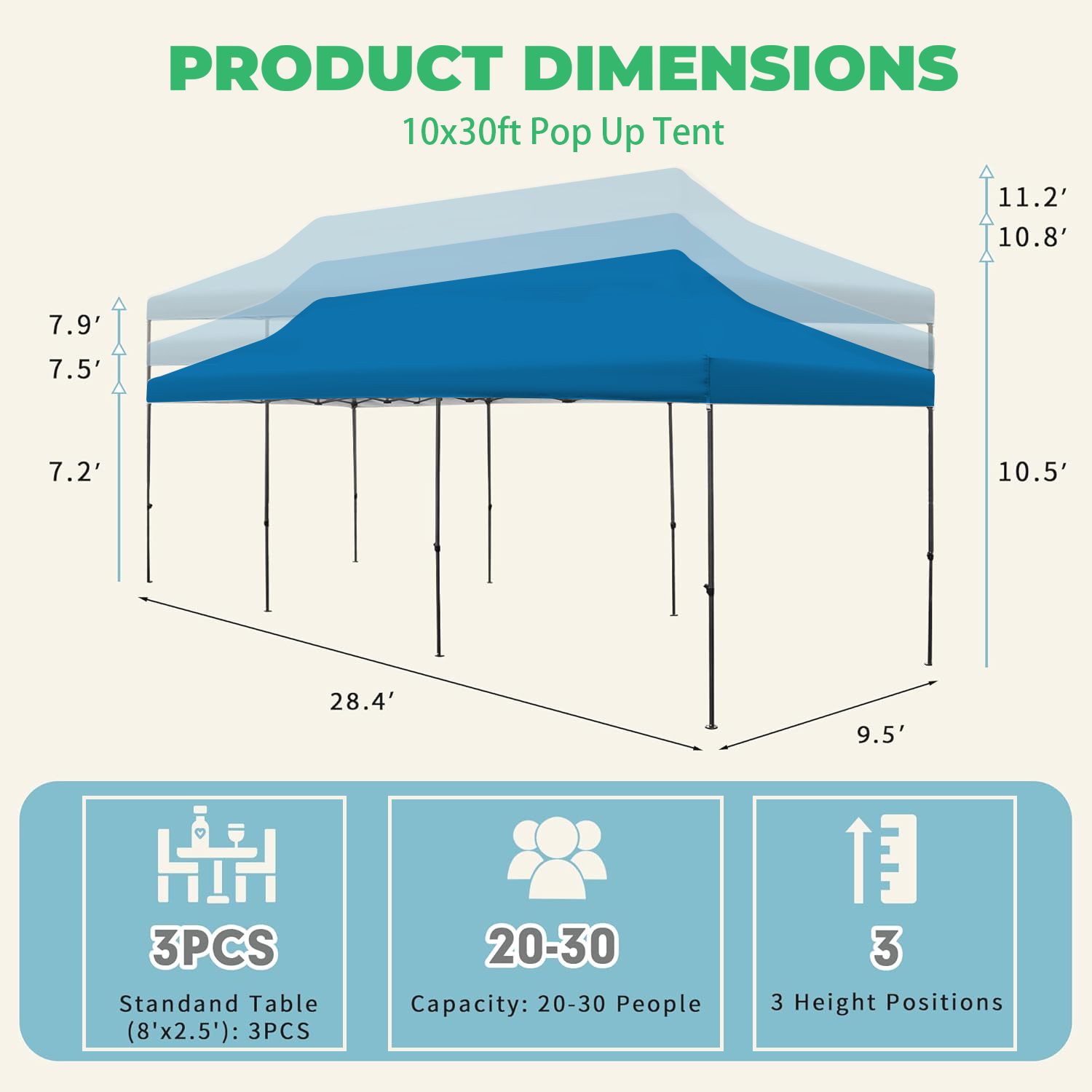 EROMMY 10'x30' Pop-Up Canopy Tent – Instant Setup, Portable & Sturdy for Outdoor Camping, Markets – Blue