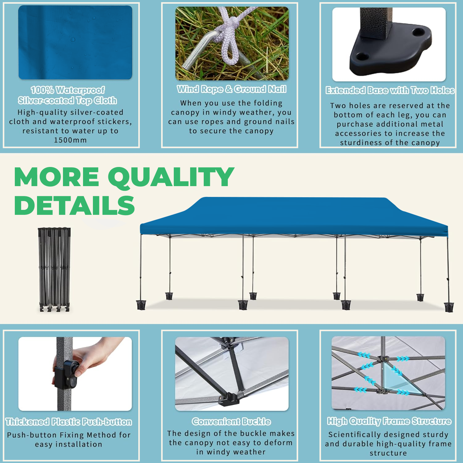 EROMMY 10'x30' Pop-Up Canopy Tent – Instant Setup, Portable & Sturdy for Outdoor Camping, Markets – Blue