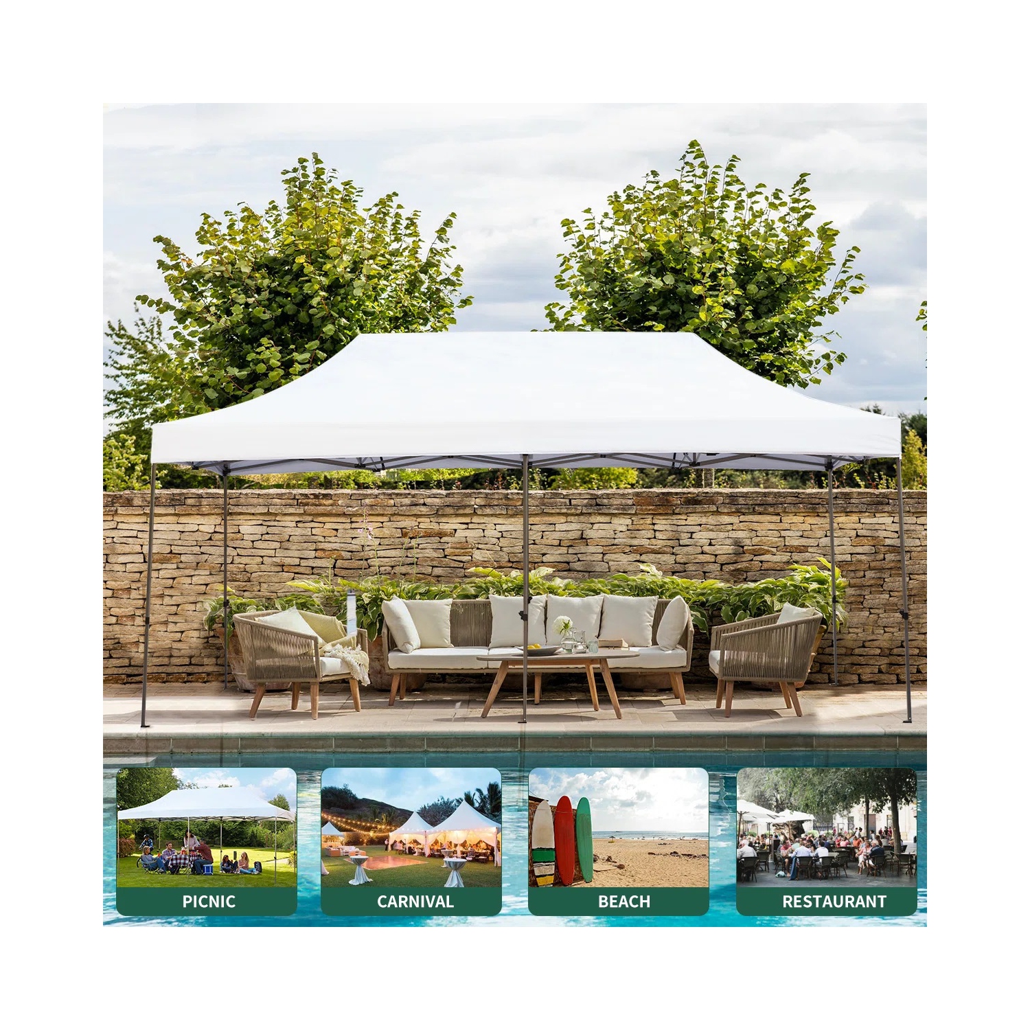 Tente d'extérieur escamotable instantanée de 10 x 20 pi d'EROMMY – Installation rapide, blanc – Abri portatif pour le camping, les fêtes et les