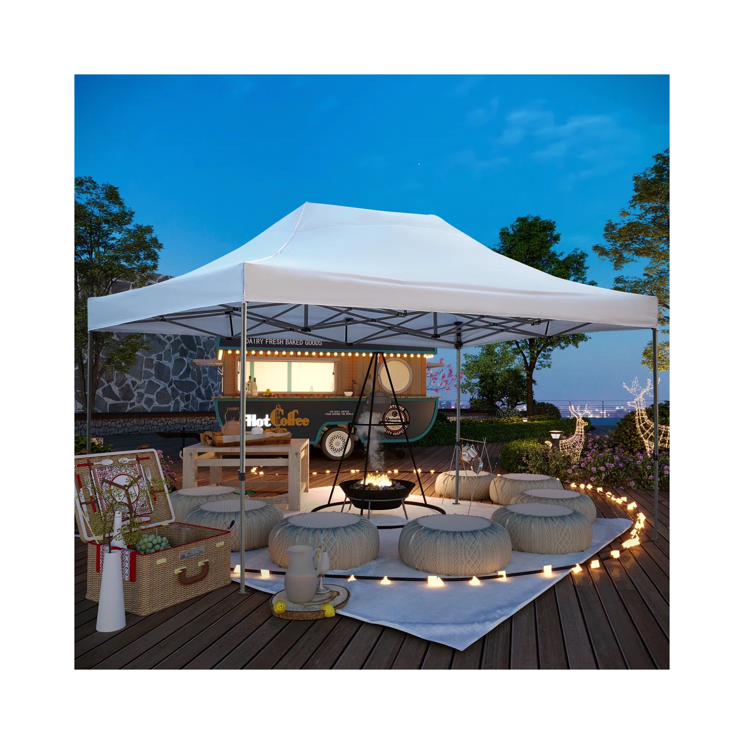 Tente à auvent escamotable instantanée de 10 x 15 pi d'EROMMY – Installation facile, blanc – Abri extérieur pour le camping et la cour arrière