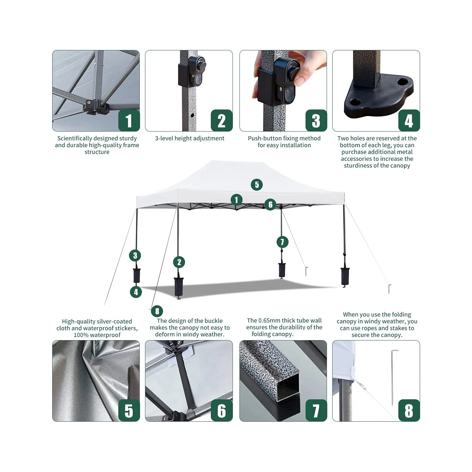 Tente à auvent escamotable instantanée de 10 x 15 pi d'EROMMY – Installation facile, blanc – Abri extérieur pour le camping et la cour arrière