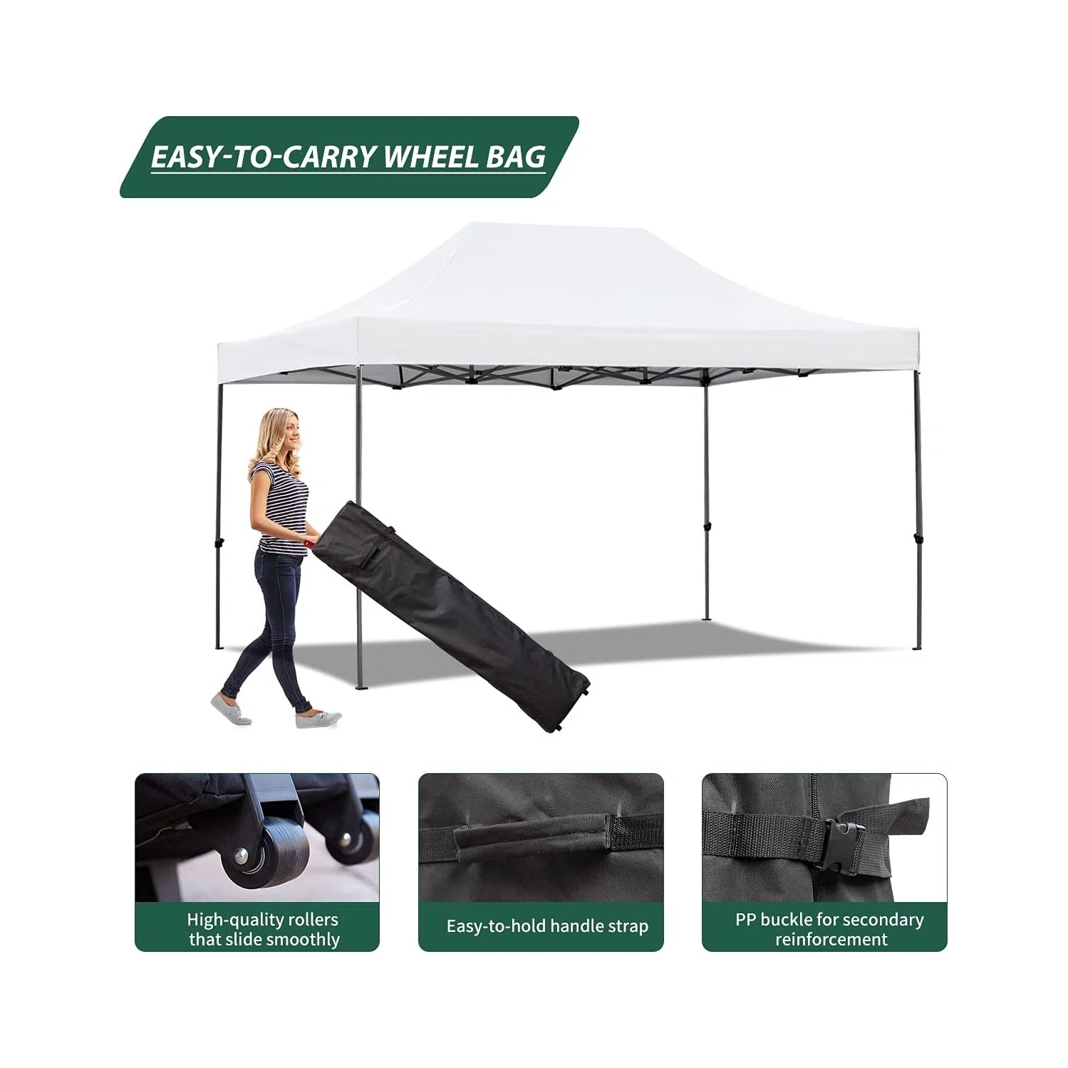 Tente à auvent escamotable instantanée de 10 x 15 pi d'EROMMY – Installation facile, blanc – Abri extérieur pour le camping et la cour arrière