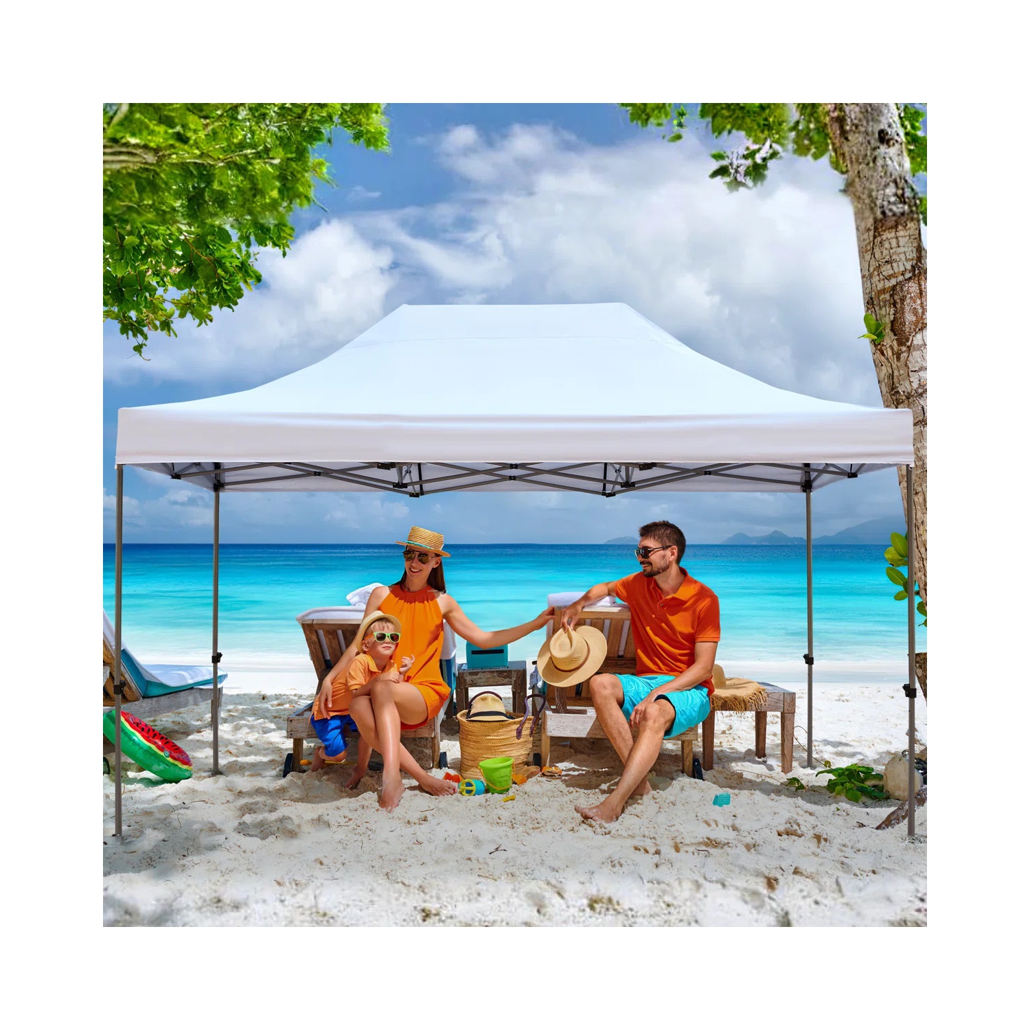 Tente à auvent escamotable instantanée de 10 x 15 pi d'EROMMY – Installation facile, blanc – Abri extérieur pour le camping et la cour arrière