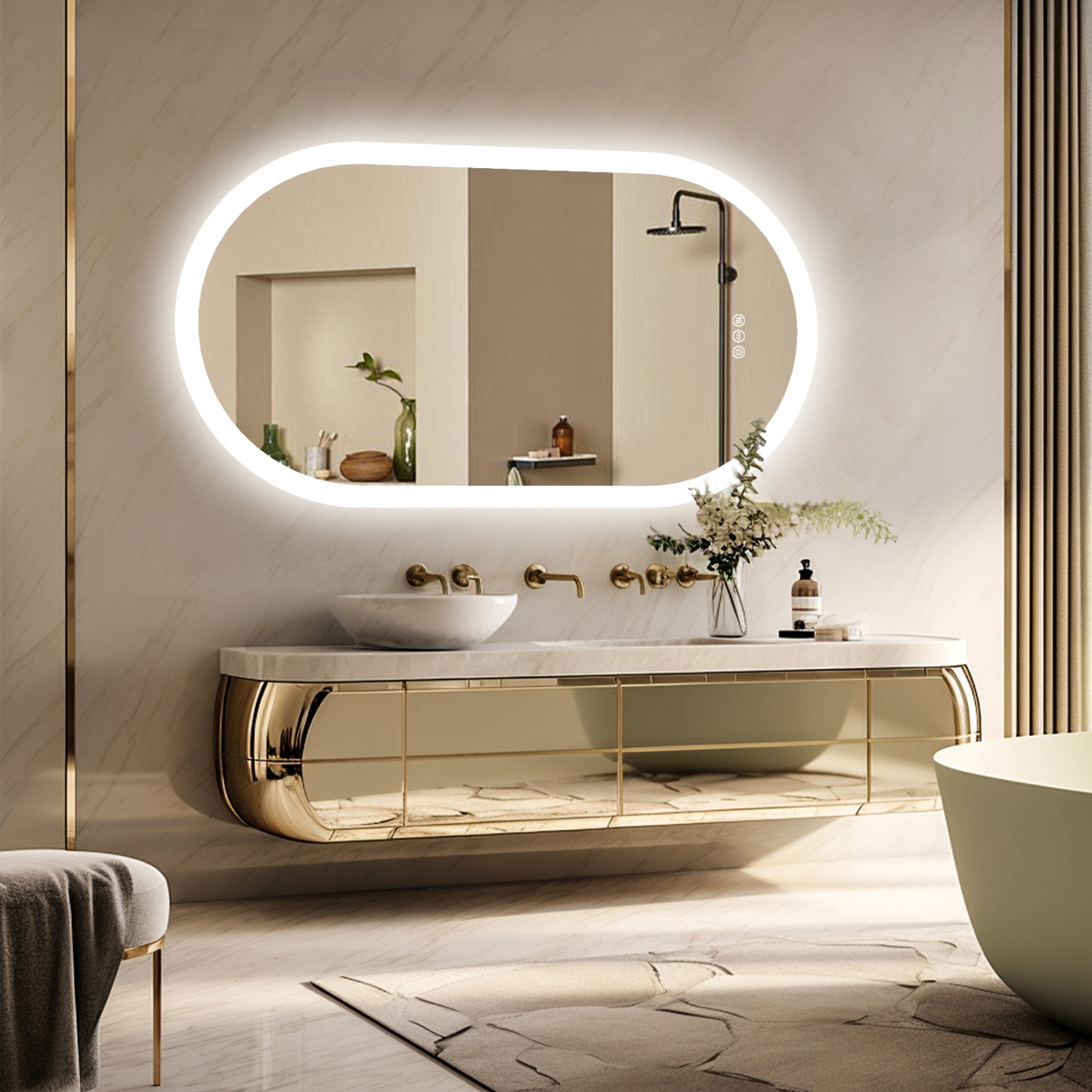 24 x 48 Inch LED Bathroom Mirror with Lights, Oval Anti-Fog Dimmable Wall Mounted Makeup Mirror with Front and Backlit, Modern Vanity Mirror with