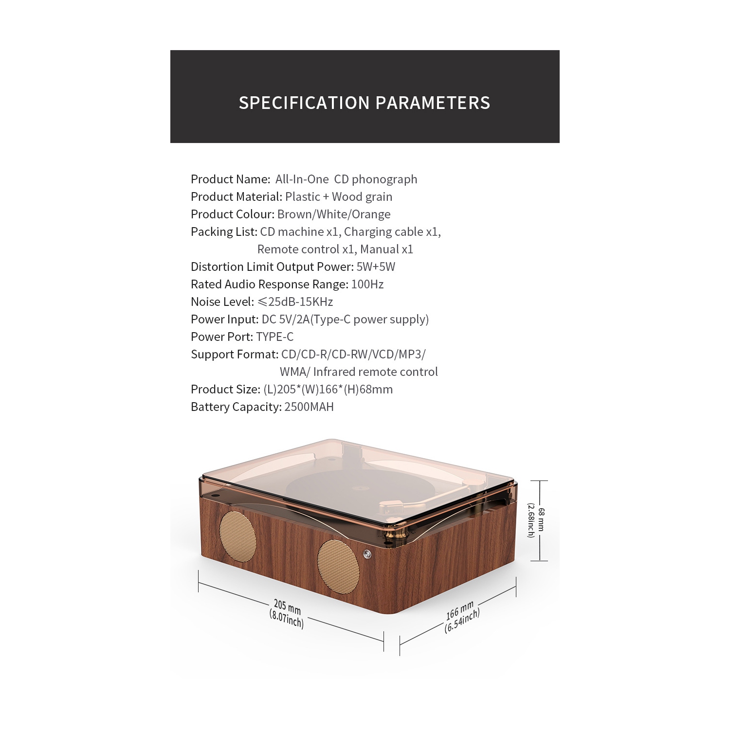 2500mAh Portable CD Player, Home/Car Retro CD Player, Wooden Speaker Rechargeable Player with Remote Control, USB Type-c, Support CD/CD-R/CD-RW/MP3,