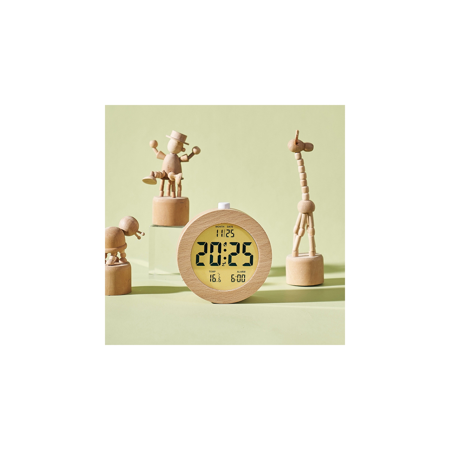 Nordic style solid wood alarm clock simple wooden clock multifunctional LCD electronic clock handmade clock simple atmosphere home room desk desktop