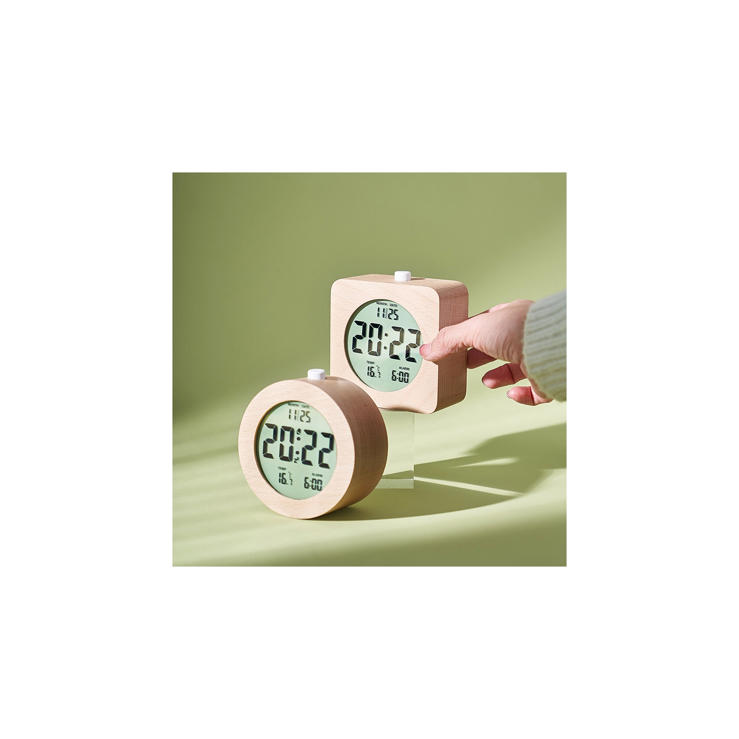 Nordic style solid wood alarm clock simple wooden clock multifunctional LCD electronic clock handmade clock simple atmosphere home room desk desktop