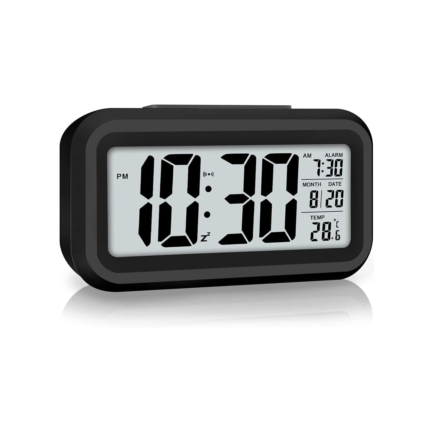 Digital Alarm Clock, Bedroom Alarm Clock with Smart Night Light, Room Temperature, Large LED Display, Battery Powered Desk Clock, English Version