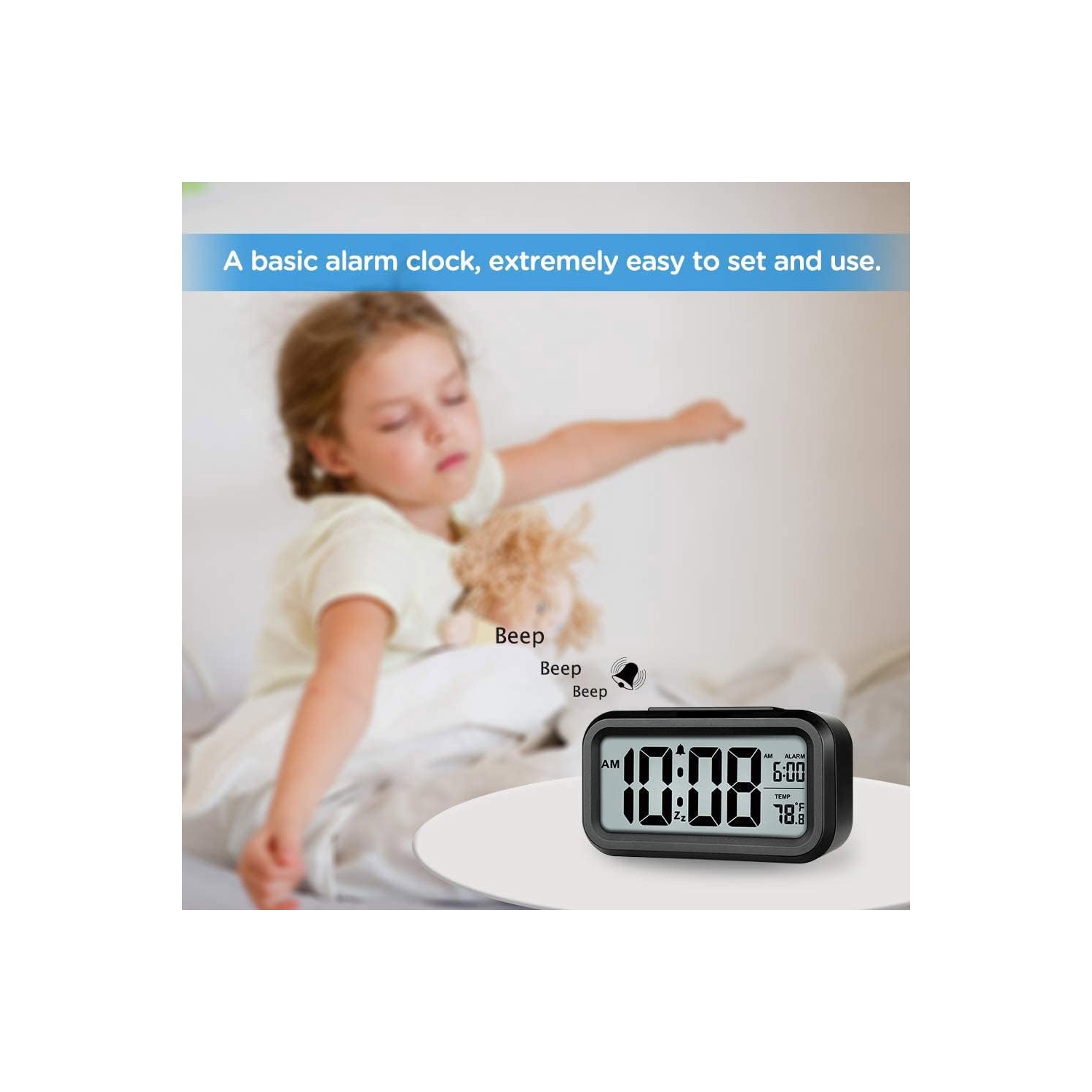 Digital Alarm Clock, Bedroom Alarm Clock with Smart Night Light, Room Temperature, Large LED Display, Battery Powered Desk Clock, English Version