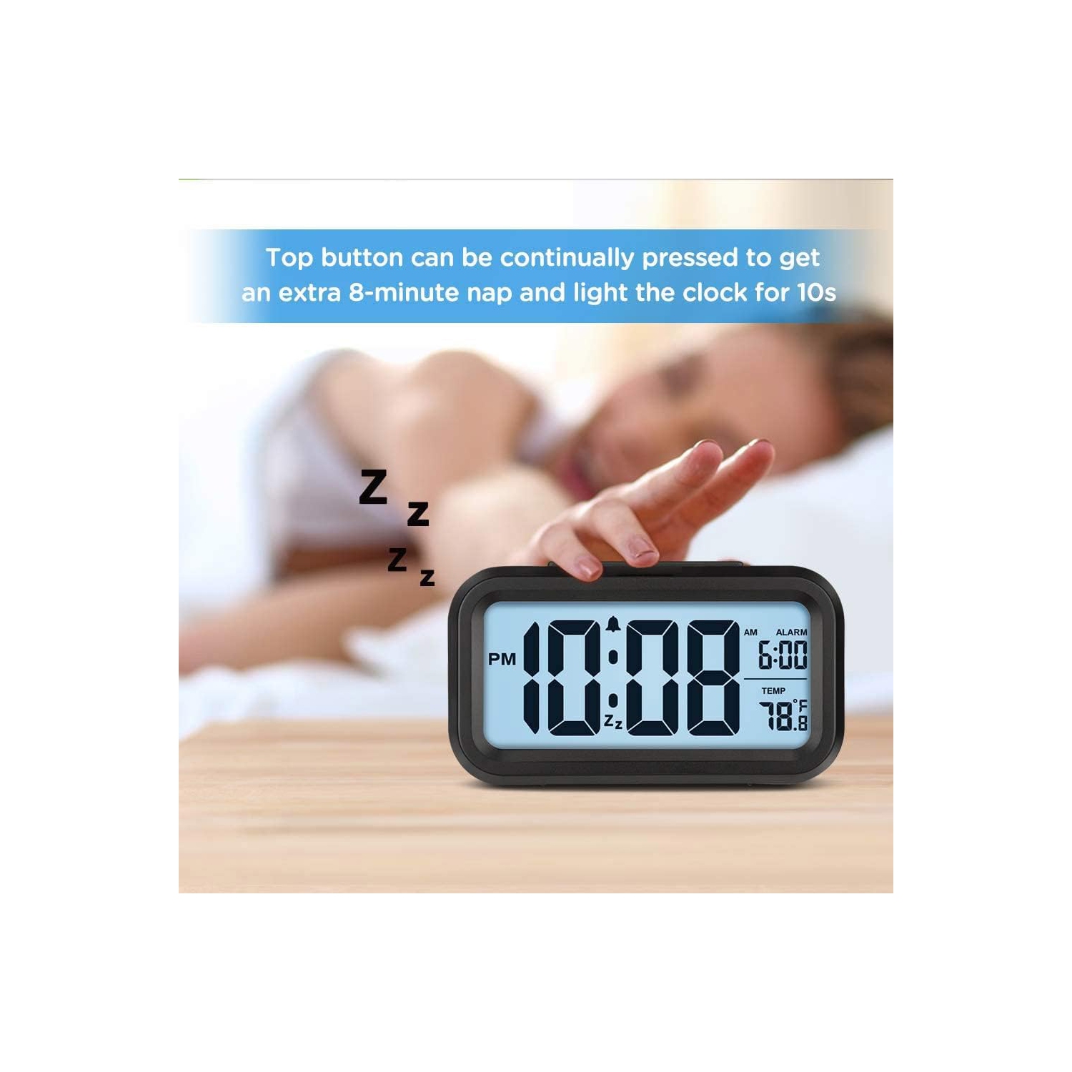 Digital Alarm Clock, Bedroom Alarm Clock with Smart Night Light, Room Temperature, Large LED Display, Battery Powered Desk Clock, English Version