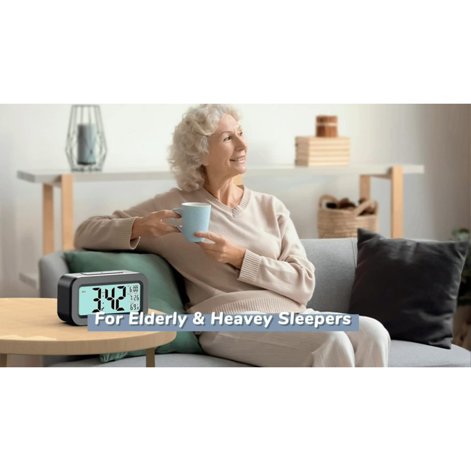 Digital Alarm Clock, Bedroom Alarm Clock with Smart Night Light, Room Temperature, Large LED Display, Battery Powered Desk Clock, English Version